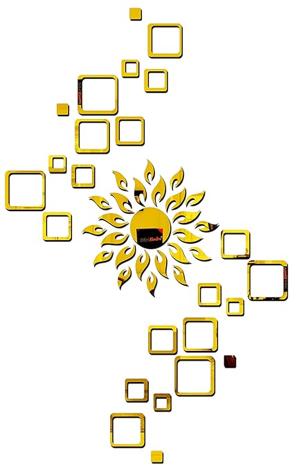 Bikri Kendra Ind - Sun Square (Golden) 4set Mirror Stickers for Wall, Acrylic Mirror Wall Decor Sticker, Wall Mirror Stickers, Acrylic Stickers, Wall Stickers for Hall Room, Bed Room.