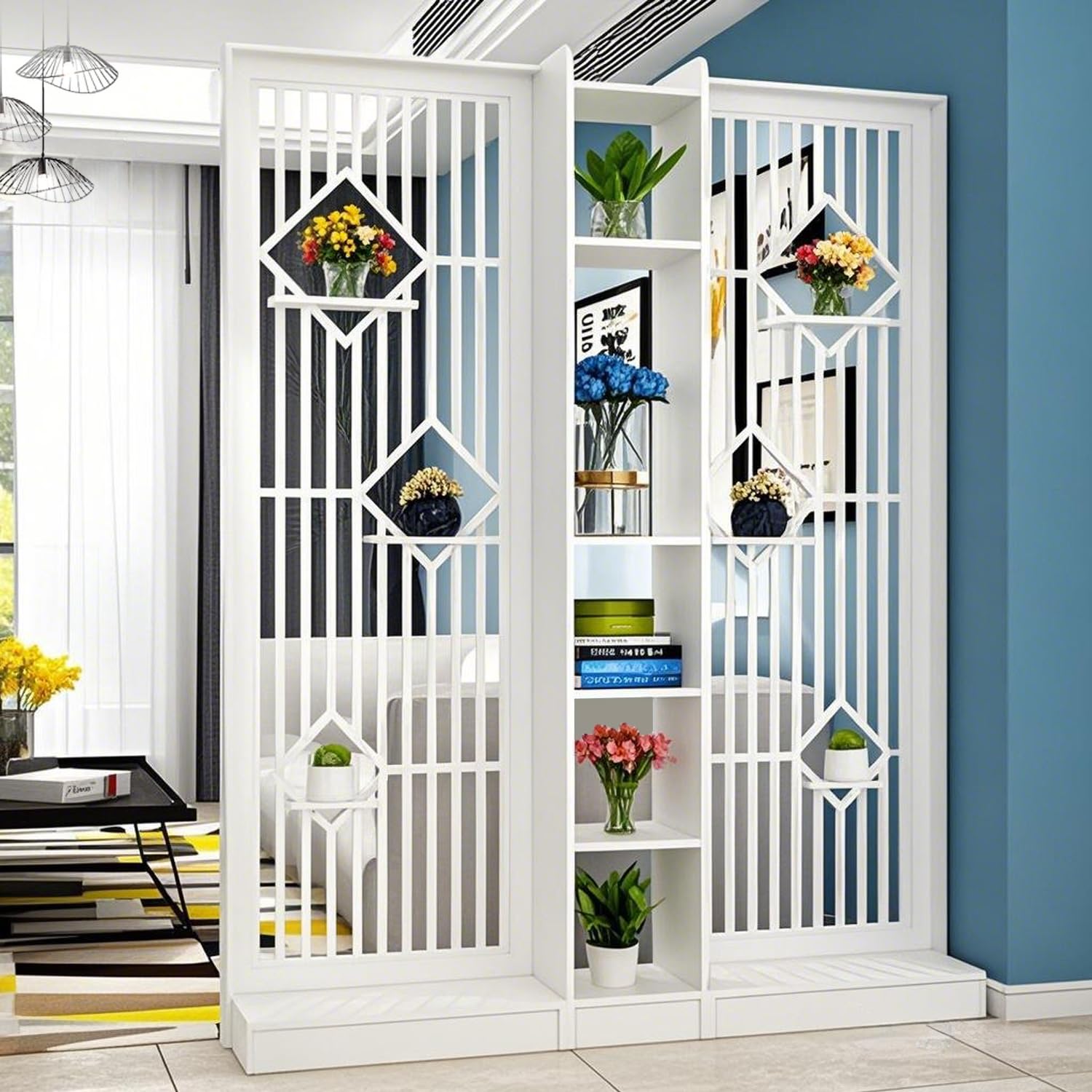 MESCXTY Modern Wall Room Divider, Wood Divider Screen, Storage Cabinet with Shelves，Wall Privacy Screens for Home Office Decorative (White,59.1''L*11.8''W*74.8''H)