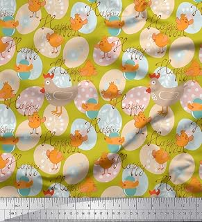 Soimoi Poly Georgette Green Fabric - by The Yard - 52 Inch Wide - Egg, Chick & Hen Cartoon Kids Textile - Farm-Themed and Adorable Animal Patterns for Kids' Apparel Printed Fabric