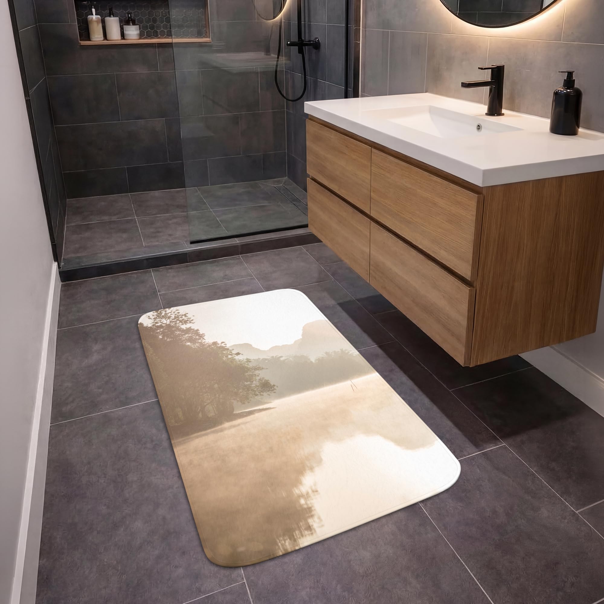 Bath Mat Rectangular 60x90 cm Alfombra Baño Alfombrilla Alfombras Ducha Lavable Antideslizante Tapete Banheiro Decoración Paisaje - Bosque - Agua - Niebla - Beige