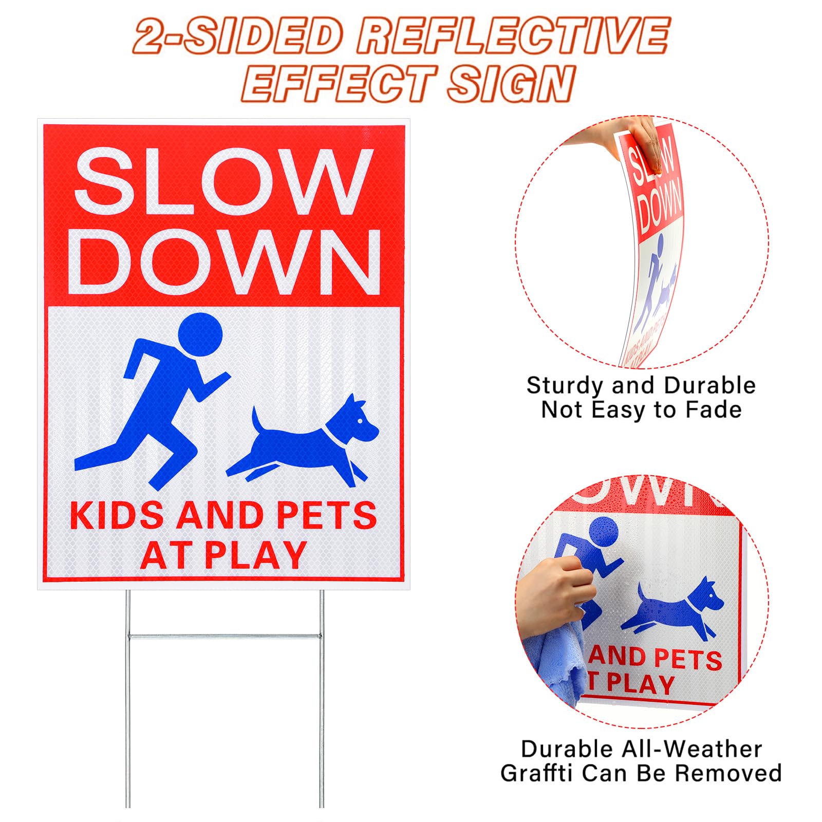 Fumete 6 letreros reflectantes de seguridad para niños y mascotas en juego, con estaca de metal, 15 x 12 pulgadas, doble cara, advertencia de precaución para el césped de la calle, vecindarios, niños