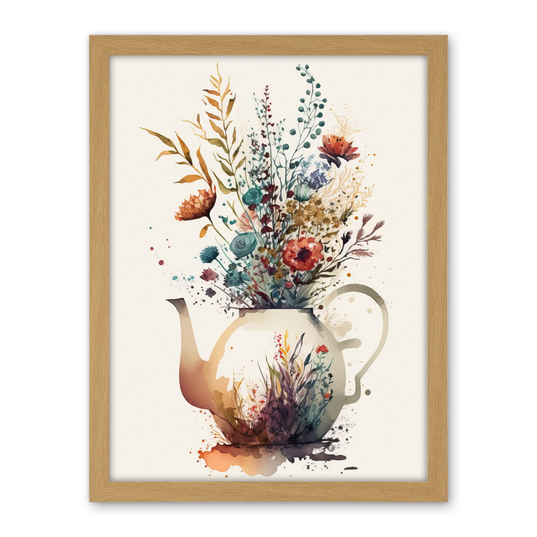 Artery8 Wildflower Bouquet Teapot Vase with Floral Design Artwork Framed Wall Art Print 18X24 Inch