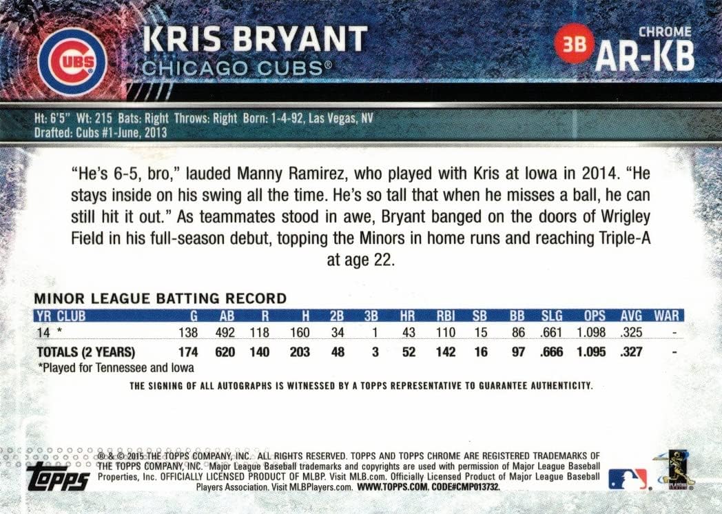 2015 Topps Chrome Baseball #AR-KB Kris Bryant Certified Autograph Rookie Card