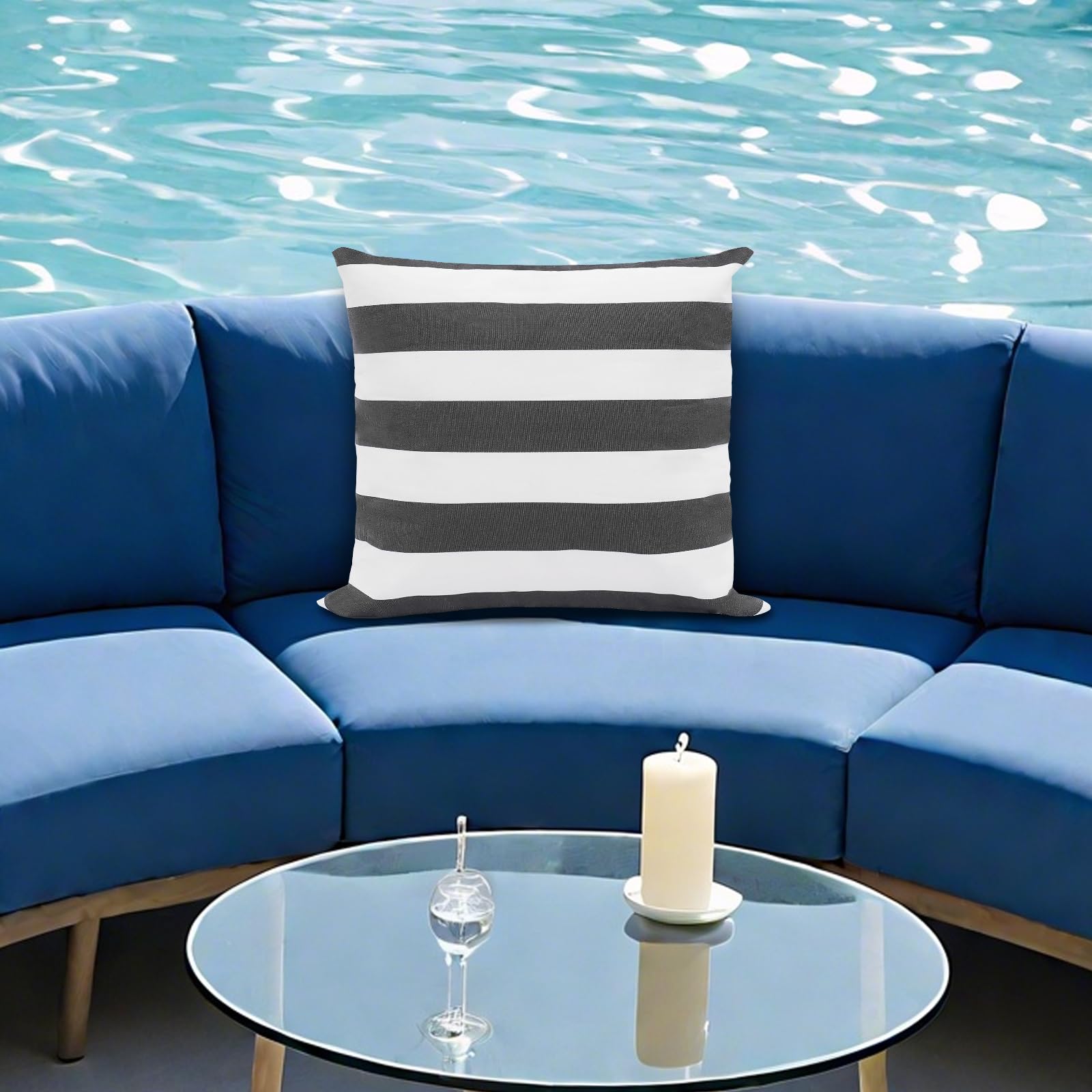 Coussin d’extérieur avec garnissage imperméable Sofakissen 45x45cm, motif rayé, fermeture éclair invisible pour jardin, balcon, canapé et plage (Noir, Blanc)