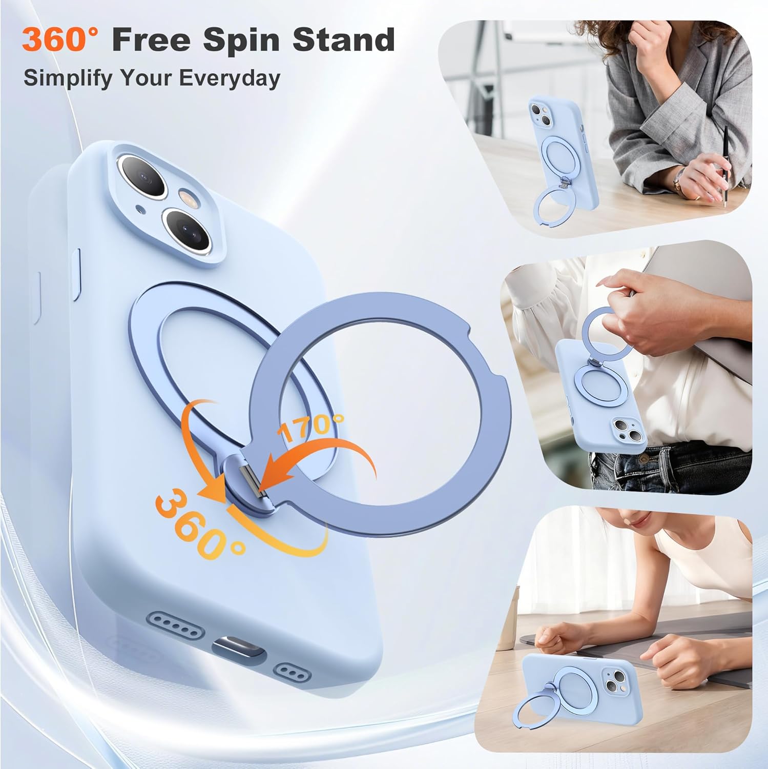 Compatible with iPhone 15 Case 6.1'' with 360 Spin Magnetic Ring Stand[Compatible with Mag-Safe] Soft Liquid Silicone 15 Case for Men Women,Blue