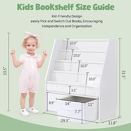 Miniatura 2 de MallBest Estantería infantil de madera maciza con contenedores de almacenamiento, estante frontal inspirado en Montessori para niños de 1 a 5 años,