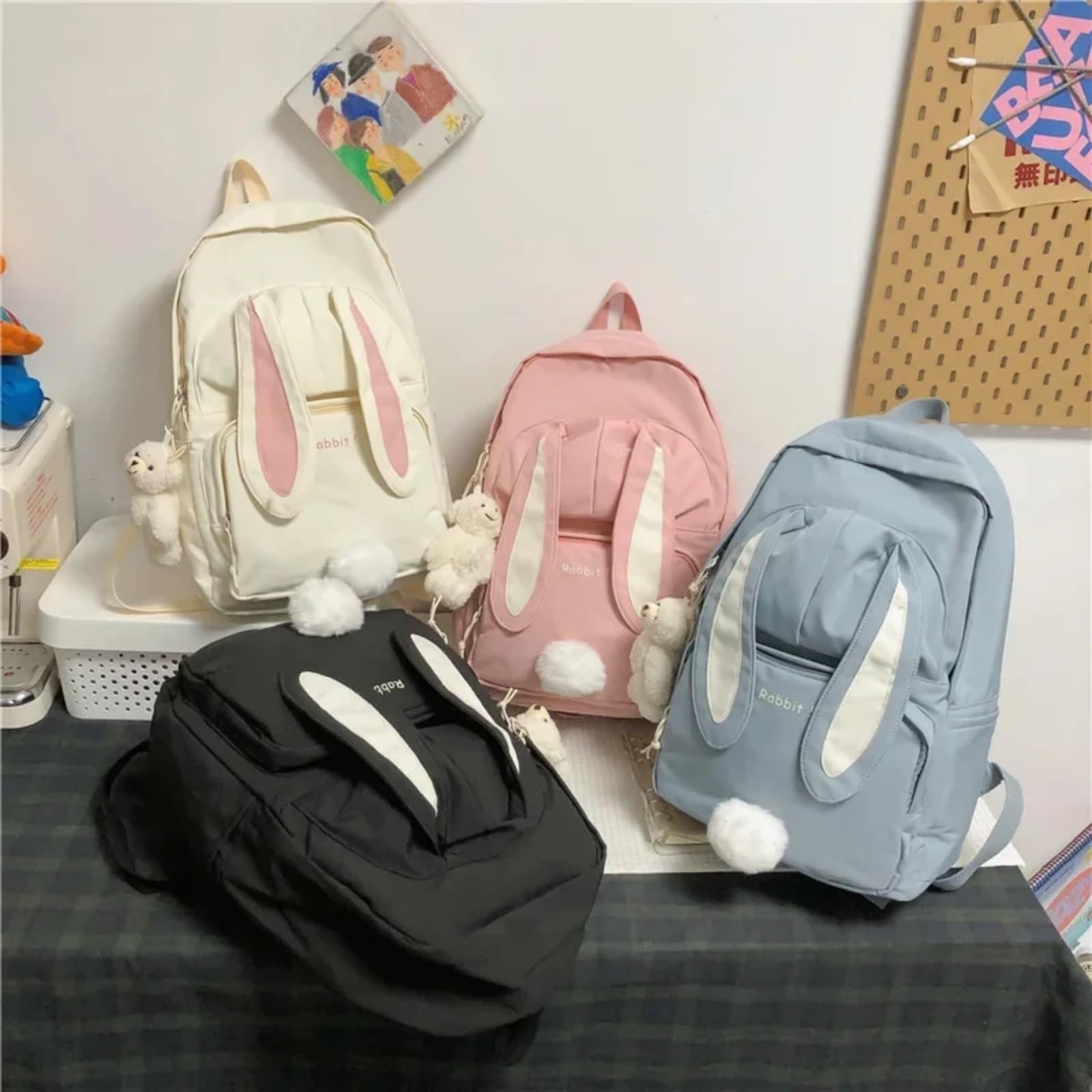 Mochila Linda De Nylon Oreja Conejo, Escolar Dibujos Animados Gran Capacidad Kawaii para El Uso Diario Viajes Las Niñas-Blue