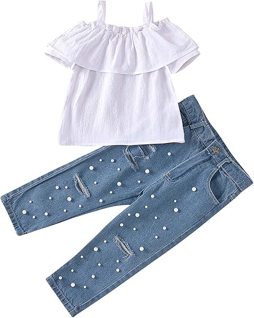 Toddler Kids Baby Girl Clothes Denim Jeans Outfits 2PCS One Shoulder
