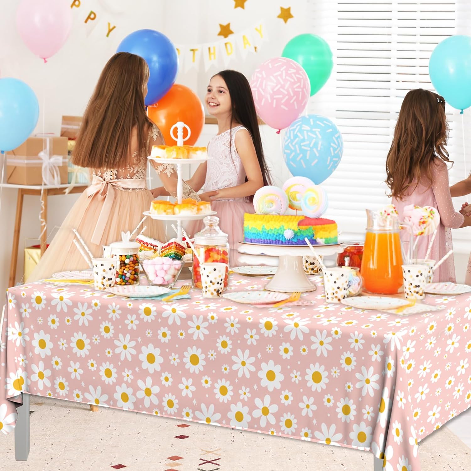3Pack Tablecloth, Groovy Daisy Table Cover Pink Flower Birthday Party Decoration, Plastic Retro Hippie Boho Daisy Party Table Cloths for Girl Birthday Baby Shower Wedding Supplies