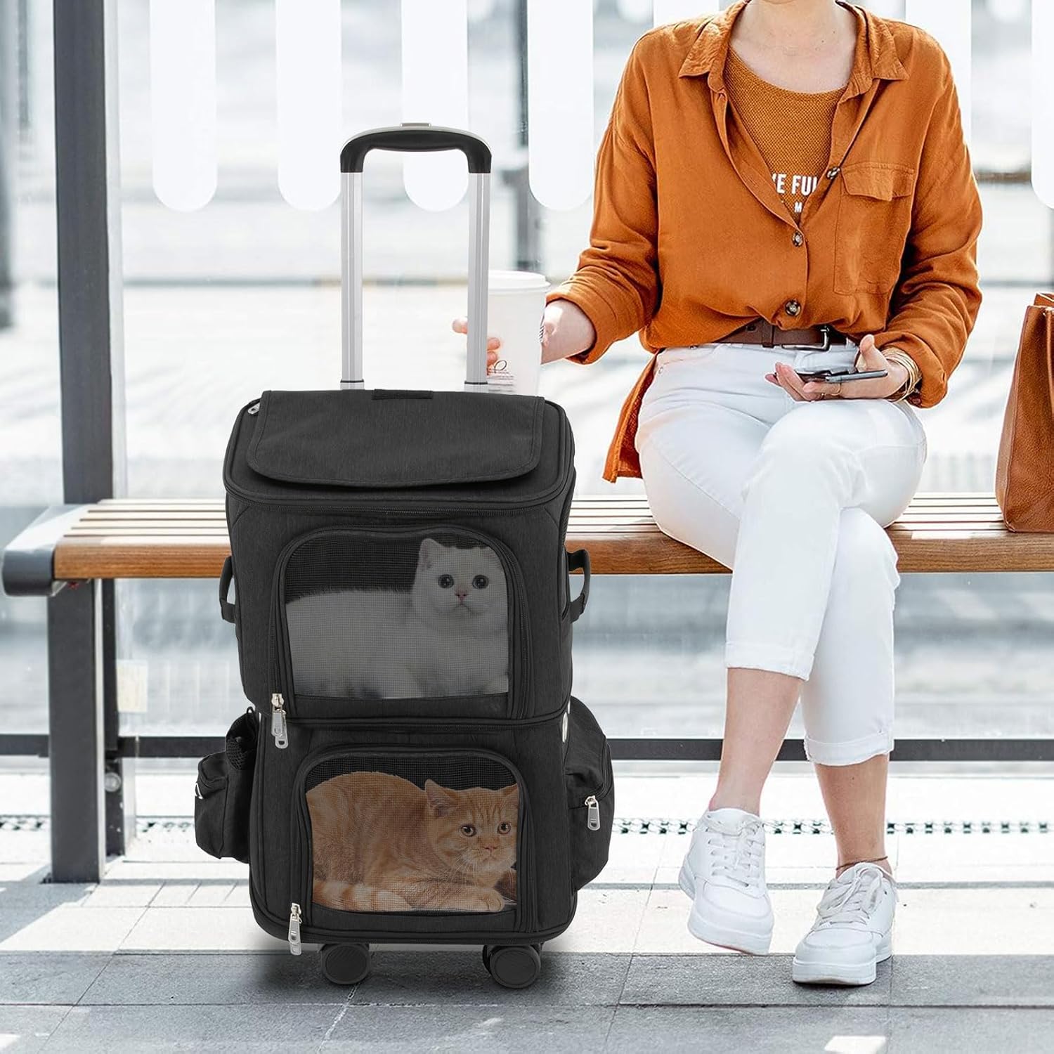 Double-Compartment Pet Rolling Carrier with Wheels, 13.78 * 10.24 * 24.01 in Ajustable Pet Carrier, 22.05 lbs Bearing Collapsible Pet Trolley Bag for Cats, Dogs, Pet Ferrets, Rabbits (Black)