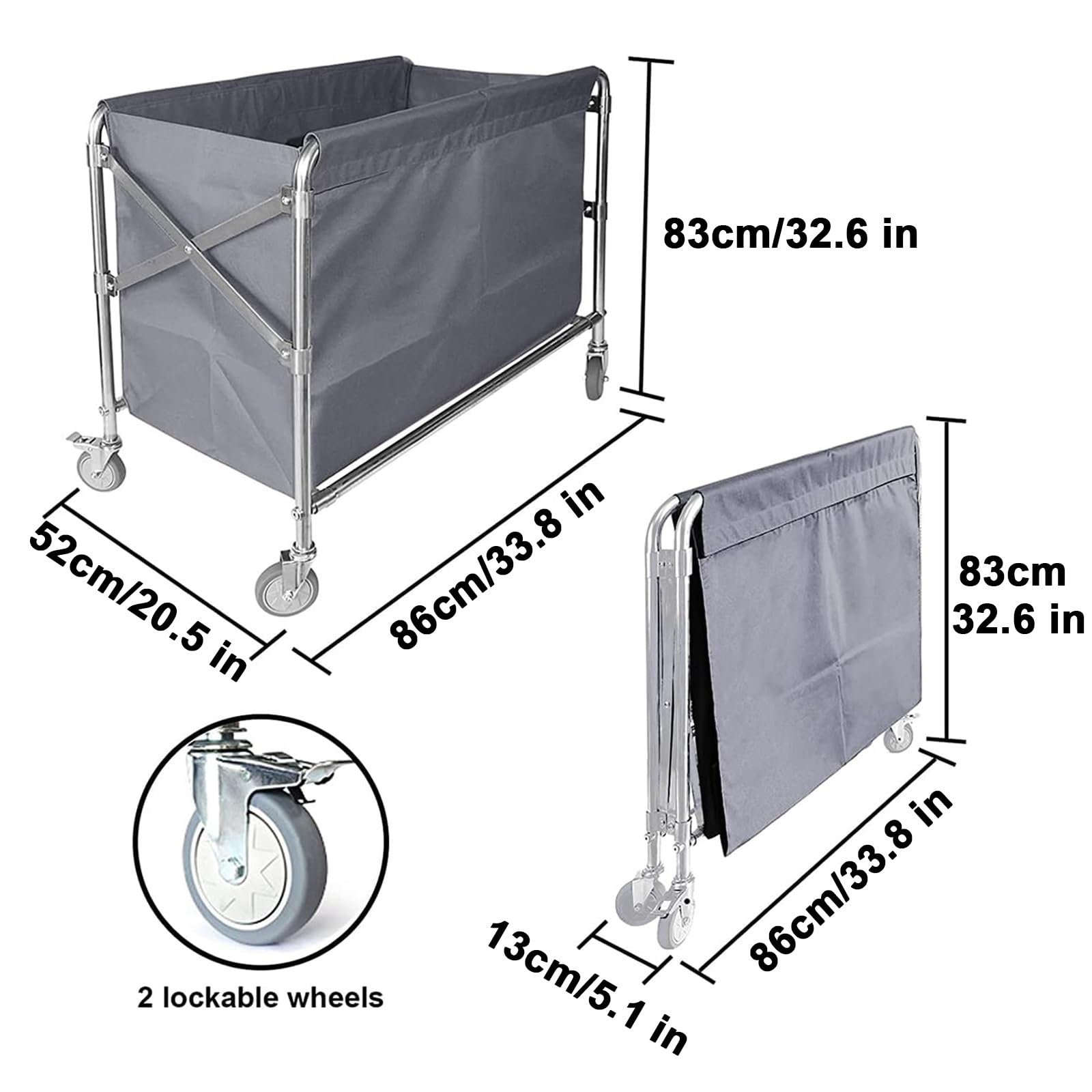 Carro Clasificador de Ropa Plegable, Carrito de Lavandería Comercial para Hotel con Estructura de Acero Inoxidable y Bolsas Extraíbles, 280 L/350 L, Capacidad de Carga 200 Kg/440 Lb(Blue,52x86x83cm)