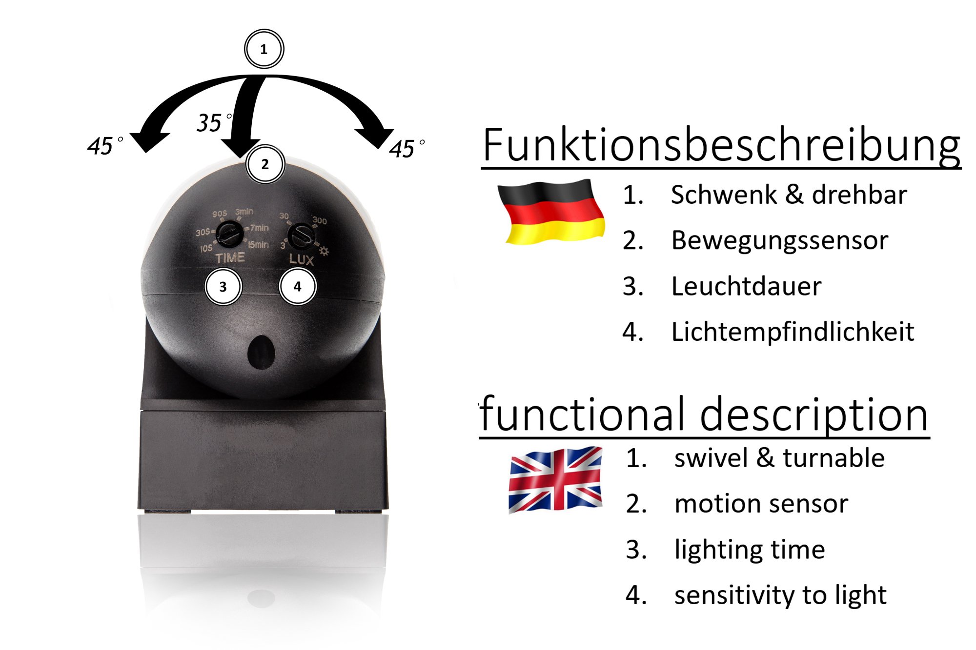 DeleyCON 4 X Infrared Motion Sensor Surface-Mounted Wall Mounted Indoor Outdoor Splashproof Rotatable Tiltable 180° Working Area 12 M Range Black - View #5