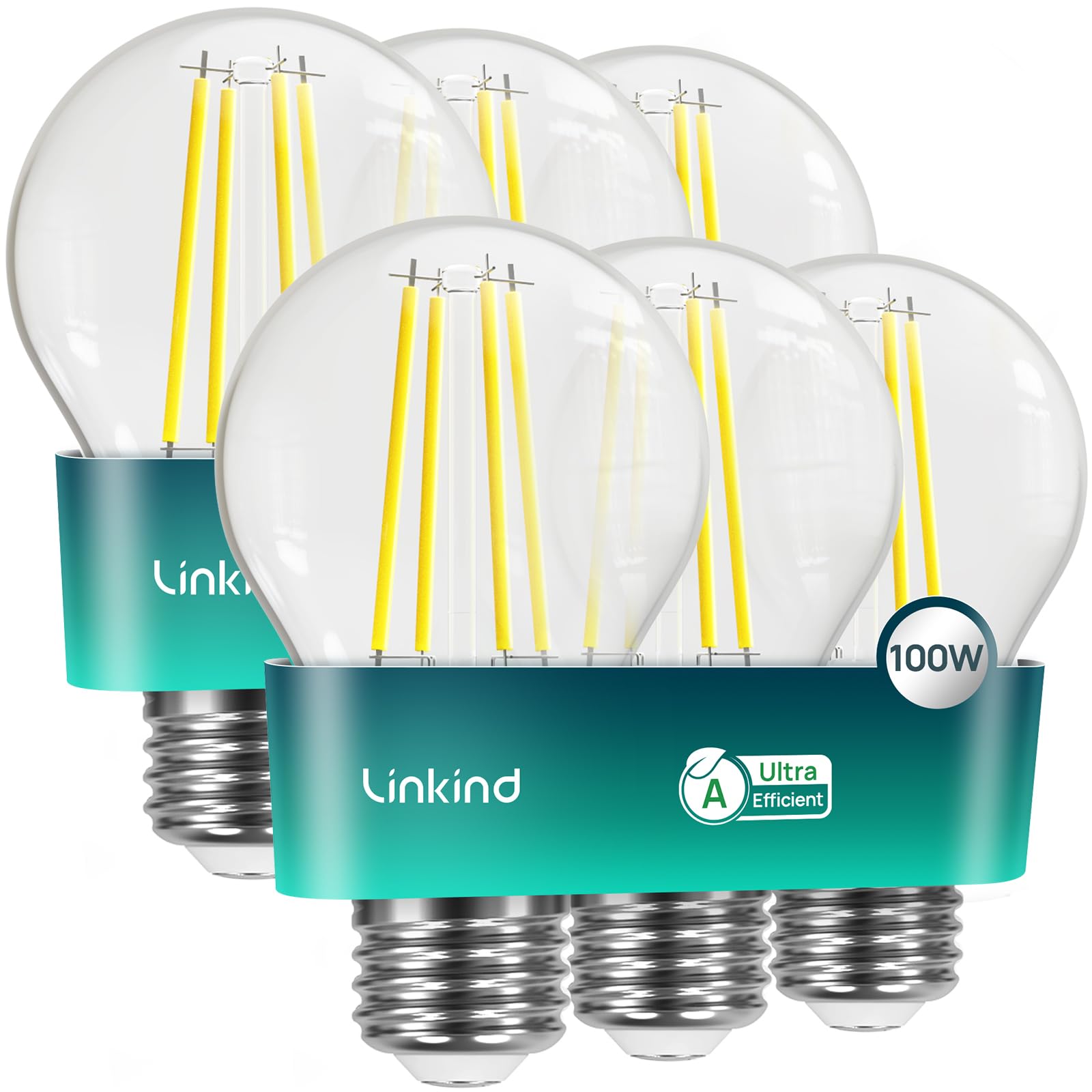 Linkind 100W Equivalent E27 Led Bulb, Ultra-Efficient A-Rated 7.2W=, 2700K Warm White 1521Lm, Edison Screw In Light Bulb, Clear Glass Vintage Filament Led Bulb, 50000H Lifespan, 6 Pack