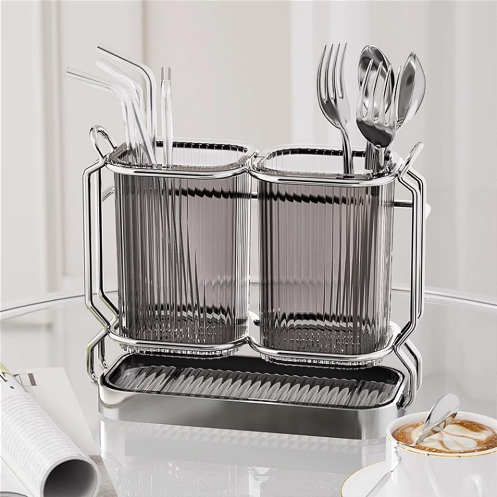 Utensilienhalter Caddy, Utensilien-Caddy-Organizer zur Wandmontage/auf der Arbeitsplatte mit Abnehmbarer Abtropfschale, Grauer Kochutensilienhalter