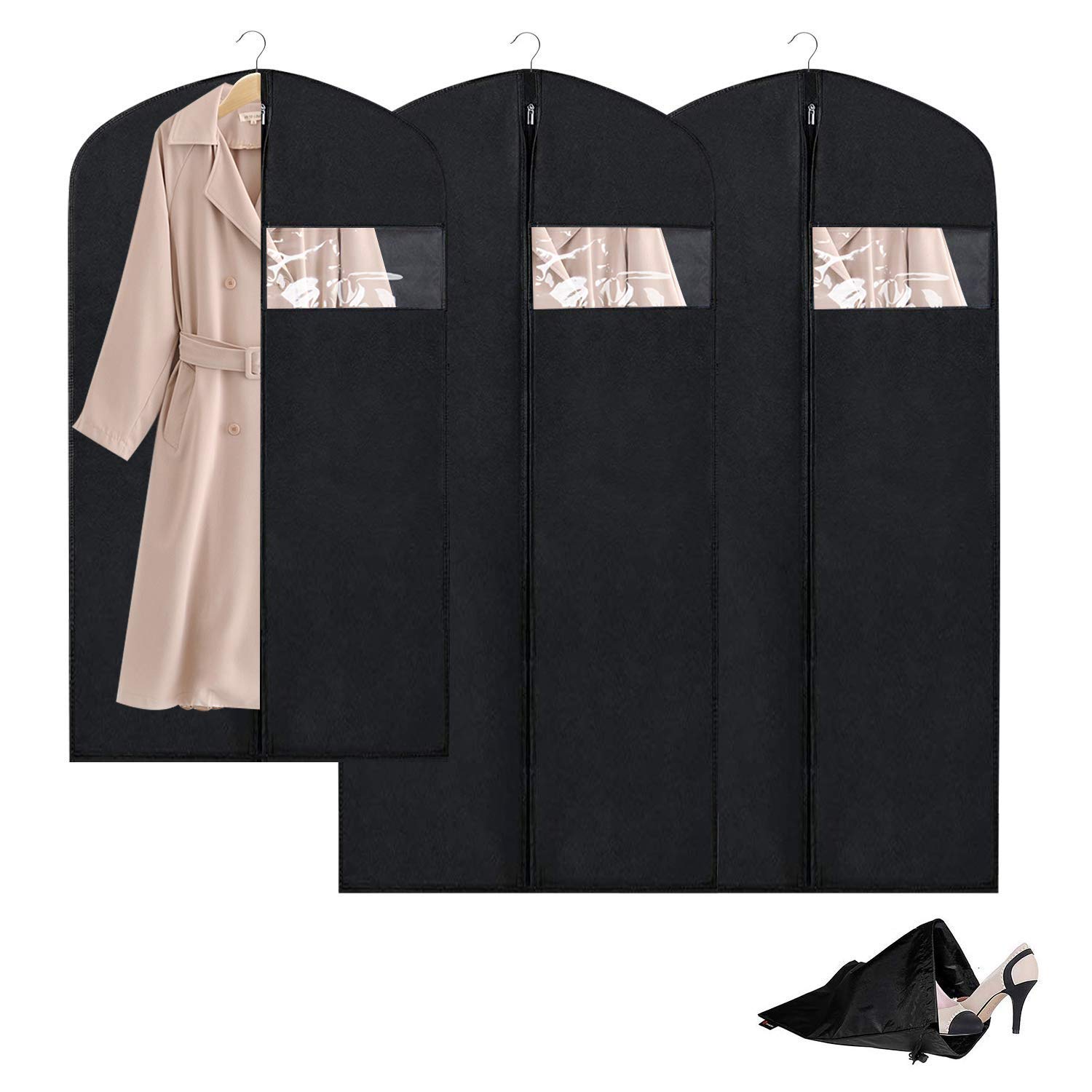 Breathable Garment Bag Clothes Storage Bag Anti-Moth Protector & Dustproof Suit Bag Clear Window Zipper Folding Suits, Tuxedos, Dresses, Coats & More(Set of 3)