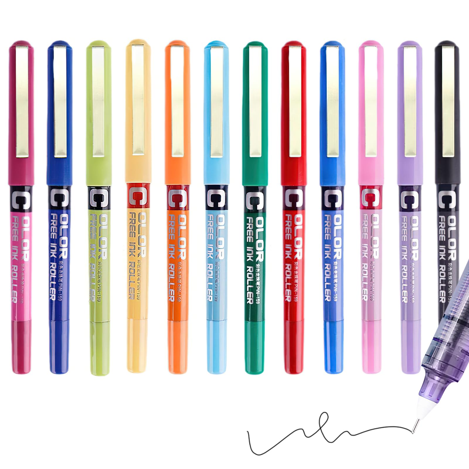 VEGCOO Rollerball Pens, 12 colours Ink Pen,0.5mm roller ball pens for writing for office study drawing Handwriting Pens (Multicolor)