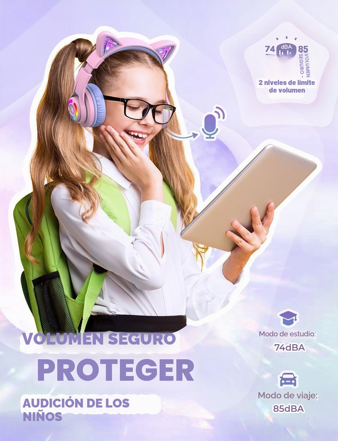 iClever Auriculares Bluetooth para Niños, BTH13 Cat Ear LED Light Up Kids Auriculares Inalámbricos, 50H Playtime, 74/85/94dB Limitación de Volumen, con Micrófono sobre la Oreja