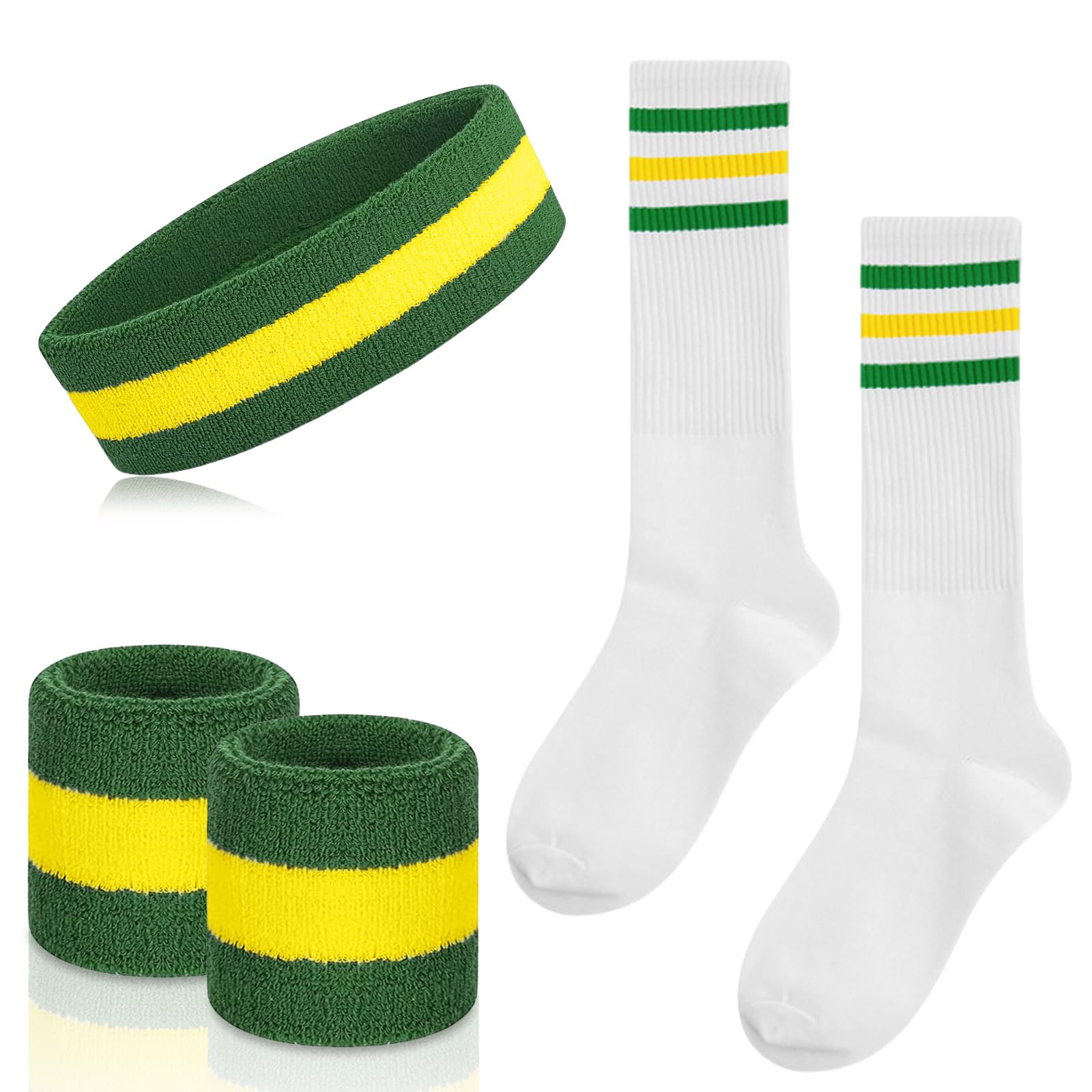 Flintronic 5 Pcs Sweatbands and Socks Set, Striped Sports Sweatbands Socks Men Women, Striped High Sock