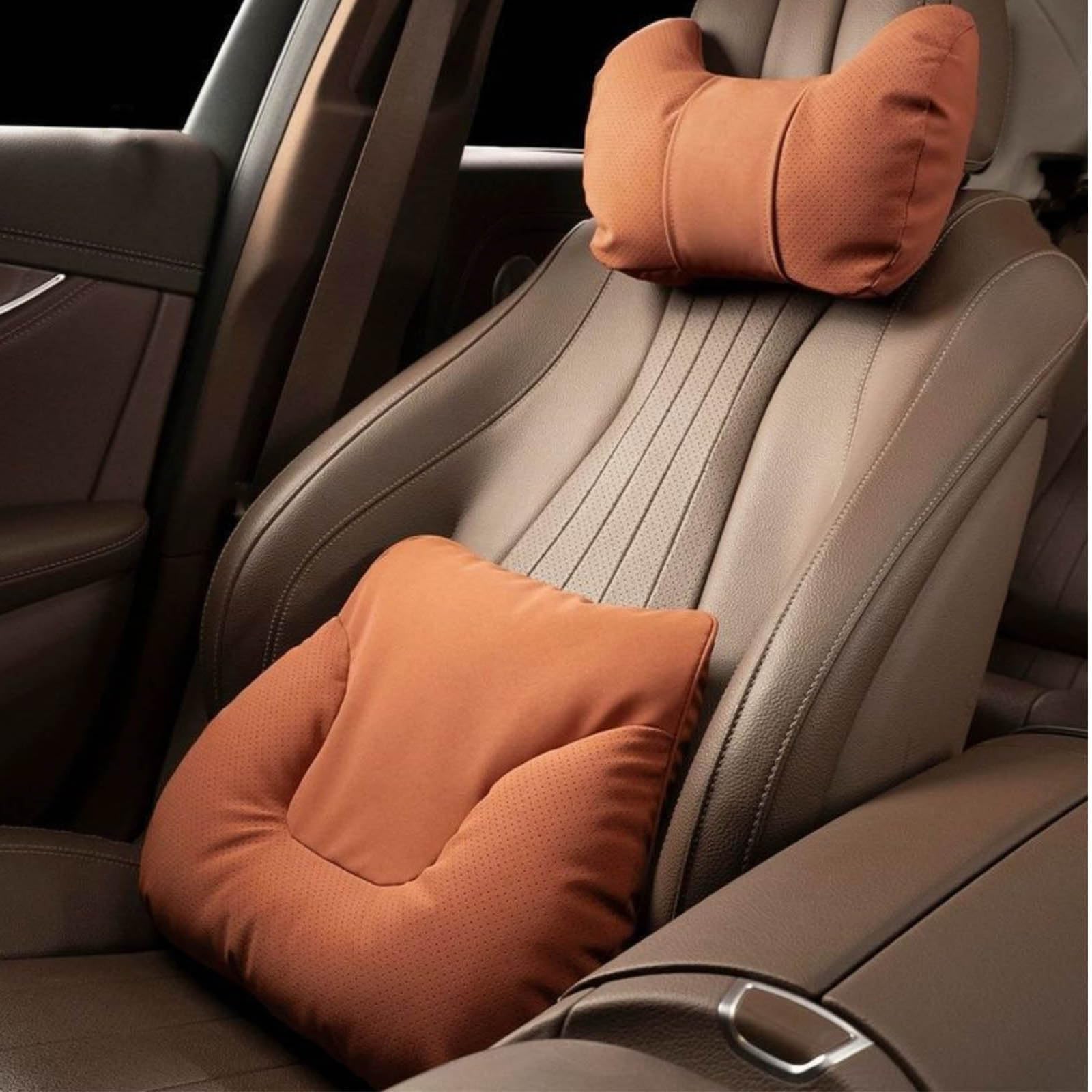 Lendenwirbelstützkissen für Auto für Stream 2000-2014, Atmungsaktive Kopfstütze Lordosenstütze Set Weich Auto Zubehör,Orange