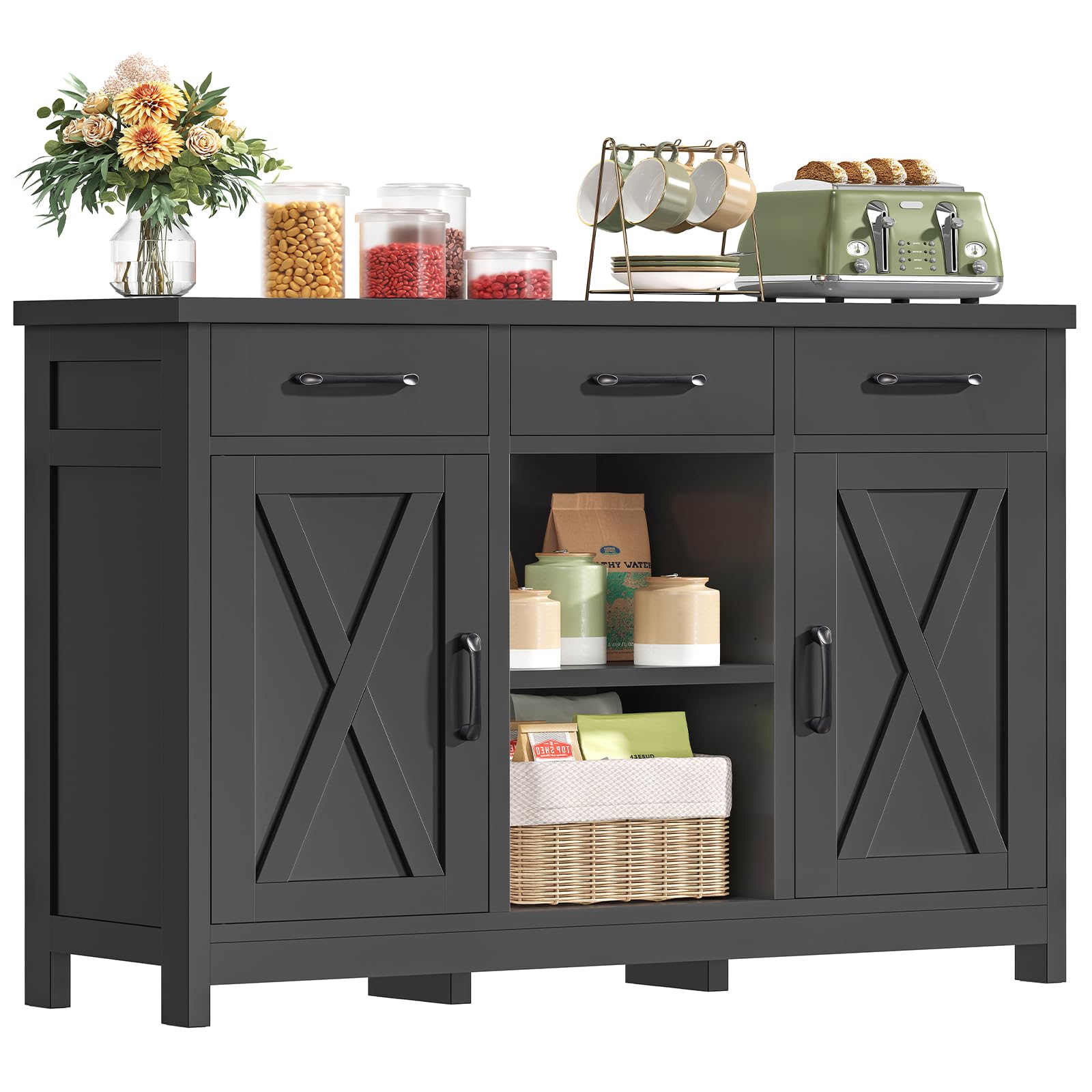 TEENFON Sideboard mit 2 Schränken, Sideboard Küchenschrank mit Arbeitsplatte, Buffetschrank mit 3 Schubladen & Verstellbaren Regalen, Küchenzeile für Küche, Wohnzimmer & Flur, 90 x 30 x 80 cm, Schwarz