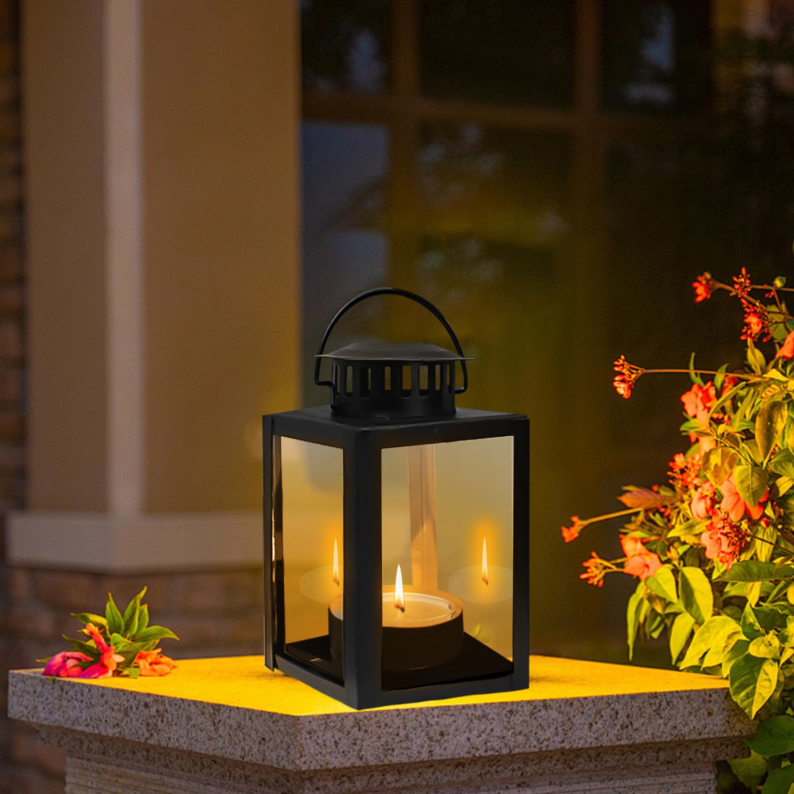 4 lanterne per esterni, 6 x 10,1 cm, lanterne per candele, lanterne da giardino, lanterne da giardino per portacandele, piccola lanterna in metallo per tavolo da caffè, caminetto (nero)