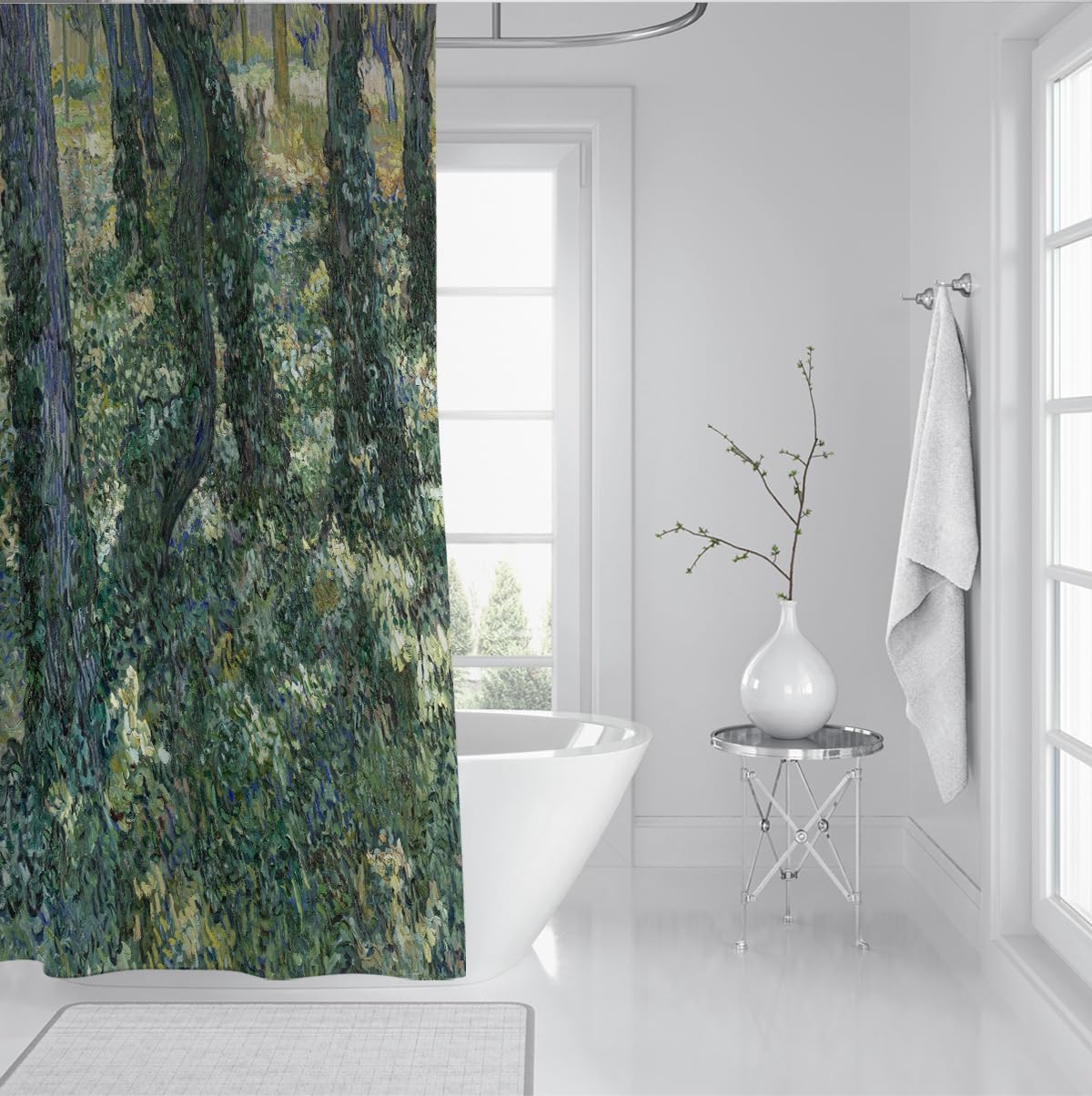 Paysages naturels rétro Rideau de Douche sous-Bois Forêt impressionniste Rideau de Douche paysager Rideaux de Douche en Tissu imperméable Rideaux de Salle de Bain 200 x 240 cm