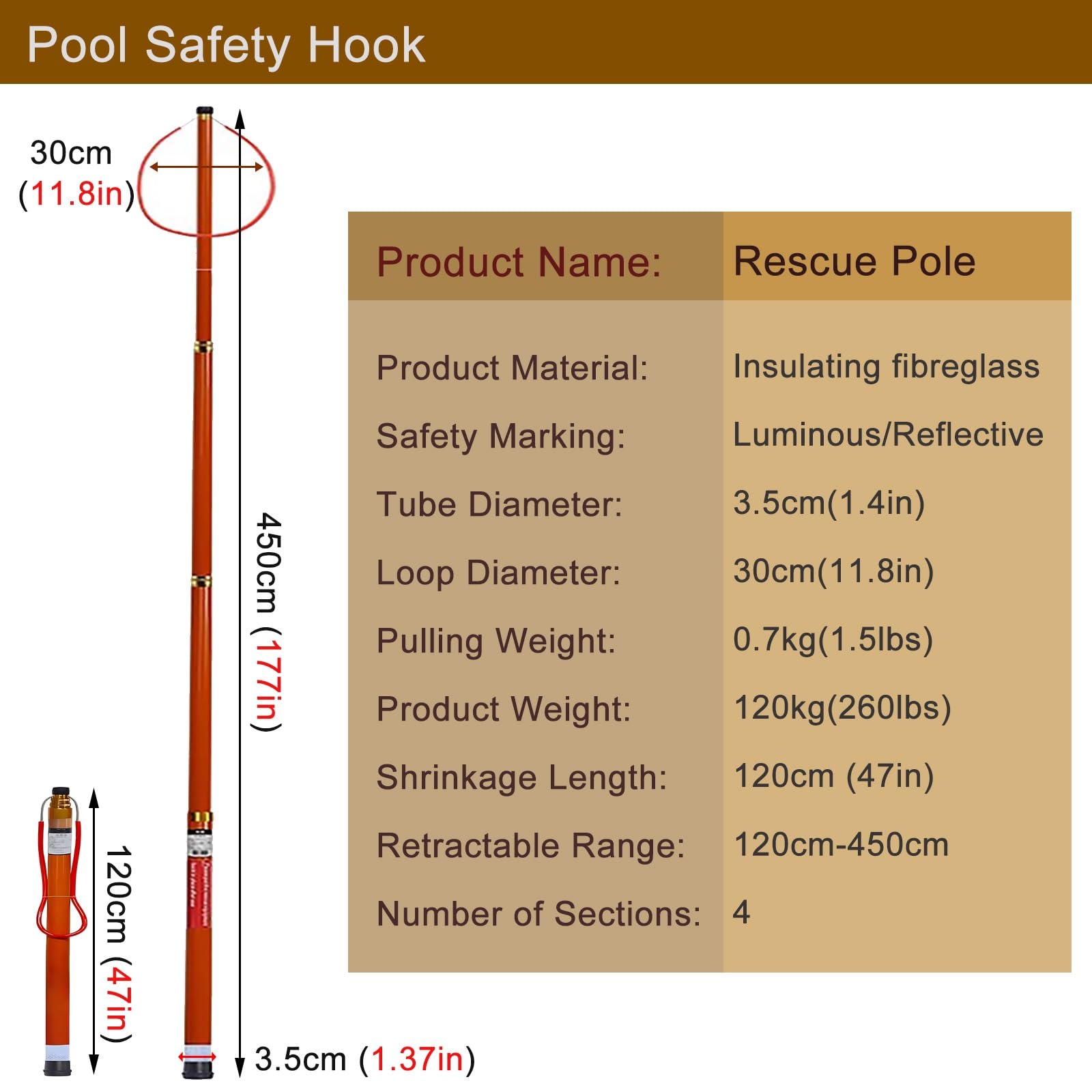 Palo di Salvataggio, palo di Salvataggio per Piscina Regolabile da 4,8 a 6 Metri con Gancio di Sicurezza - Attrezzatura di Salvataggio di Emergenza per nuotatori in difficoltà, Ideale per la