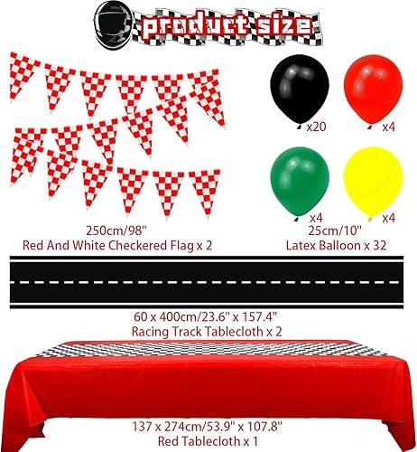 Miniatura 3 de Suministros para fiestas de autos de carreras, 12 conos de tráfico con agujeros en la parte superior, 24 banderas a cuadros, mantel de fiesta de
