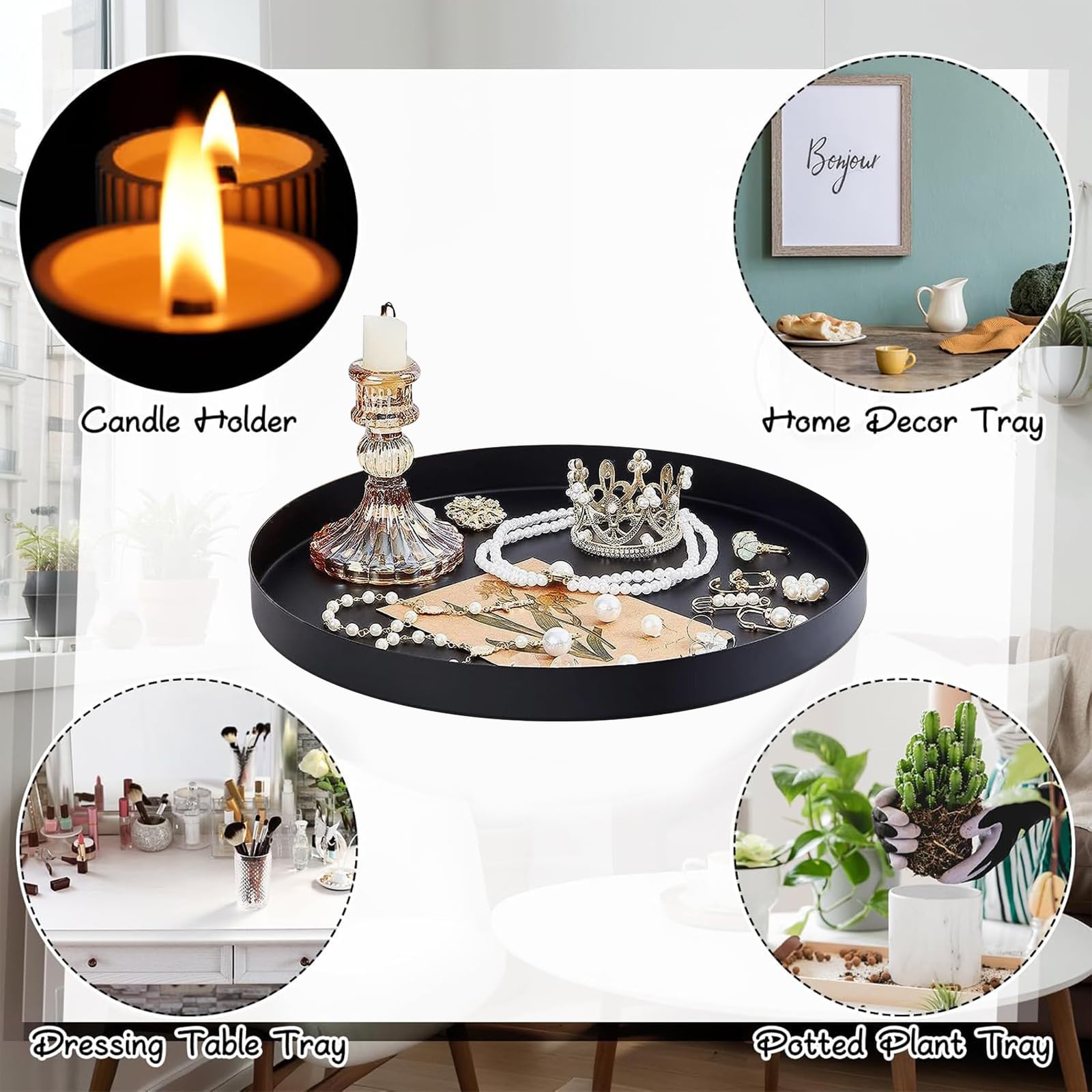 Plateau Rond Métal Décoratif Noir 30cm - Rangement Cosmétiques, Bougies Et Accessoires