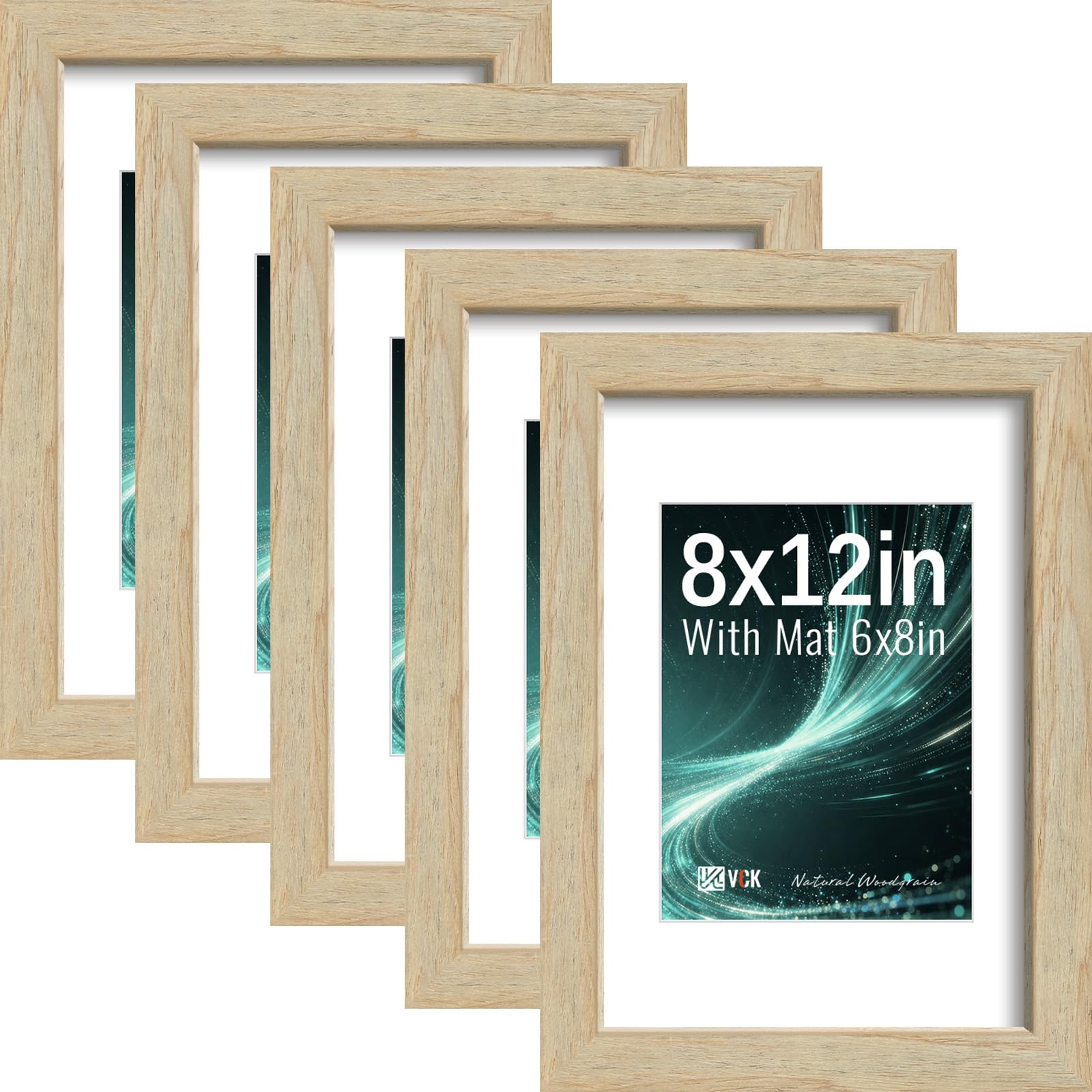 VCK 8x12 Picture Frame 5 Pack, Natural Exclusive Wood, HD Glass, for Photo