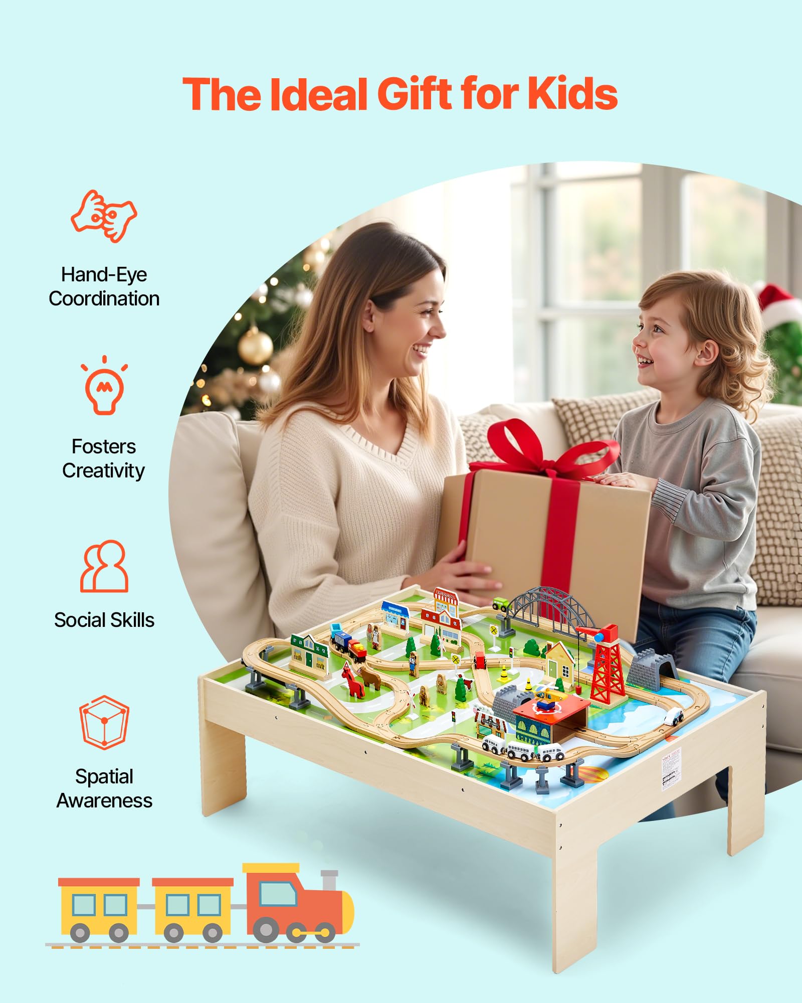 VEVOR Holz Aktivitätstisch, 120-teilig, mit zusammenklappbarem Aufbewahrungsbehälter, 3-in-1-Eisenbahn-Set zum Spielen, Malen, Lesen, Essen, kreatives Spielzeug-Set für Kinder ab 3 Jahren