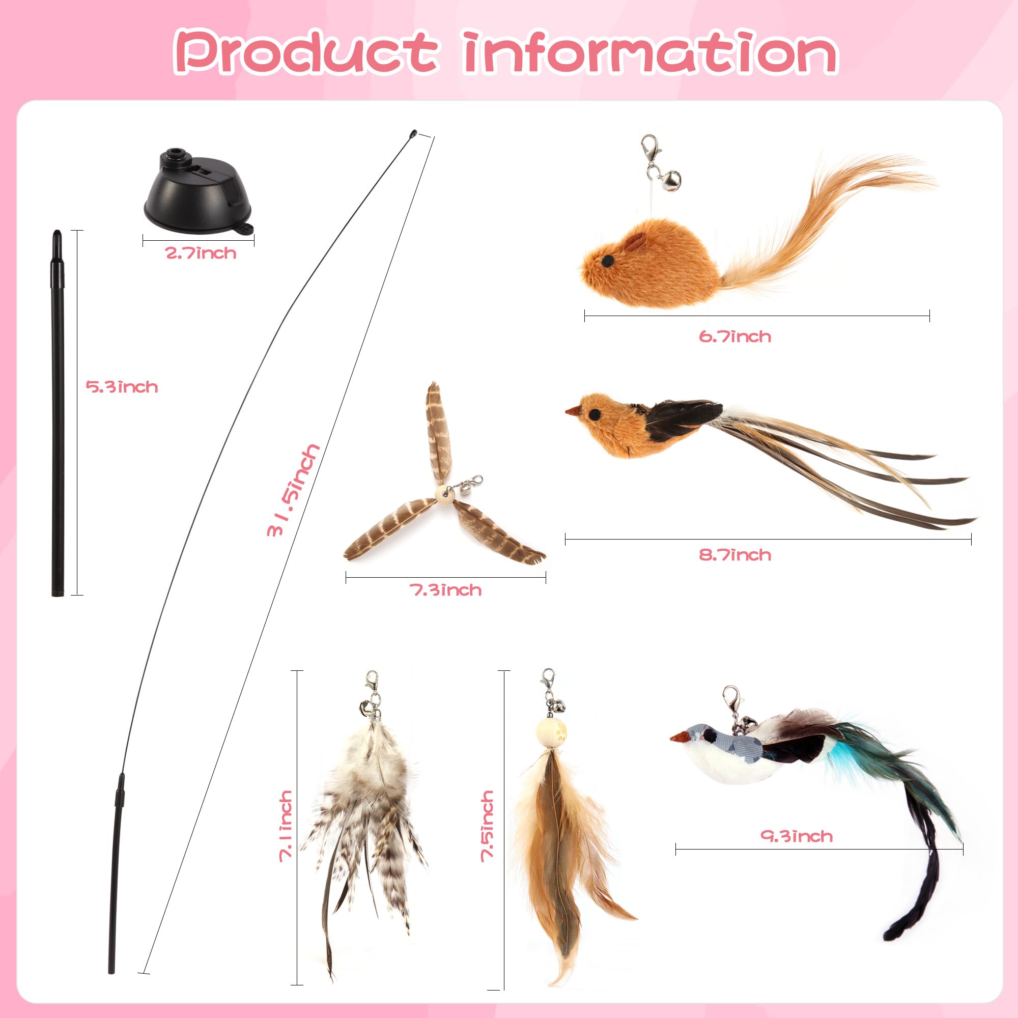 Juego de Juguetes interactivos para Gatos con simulación de pájaros, varitas para Gatos, Base con ventosas autosujetables, Incluye 6 Piezas de Plumas de Repuesto Desmontables