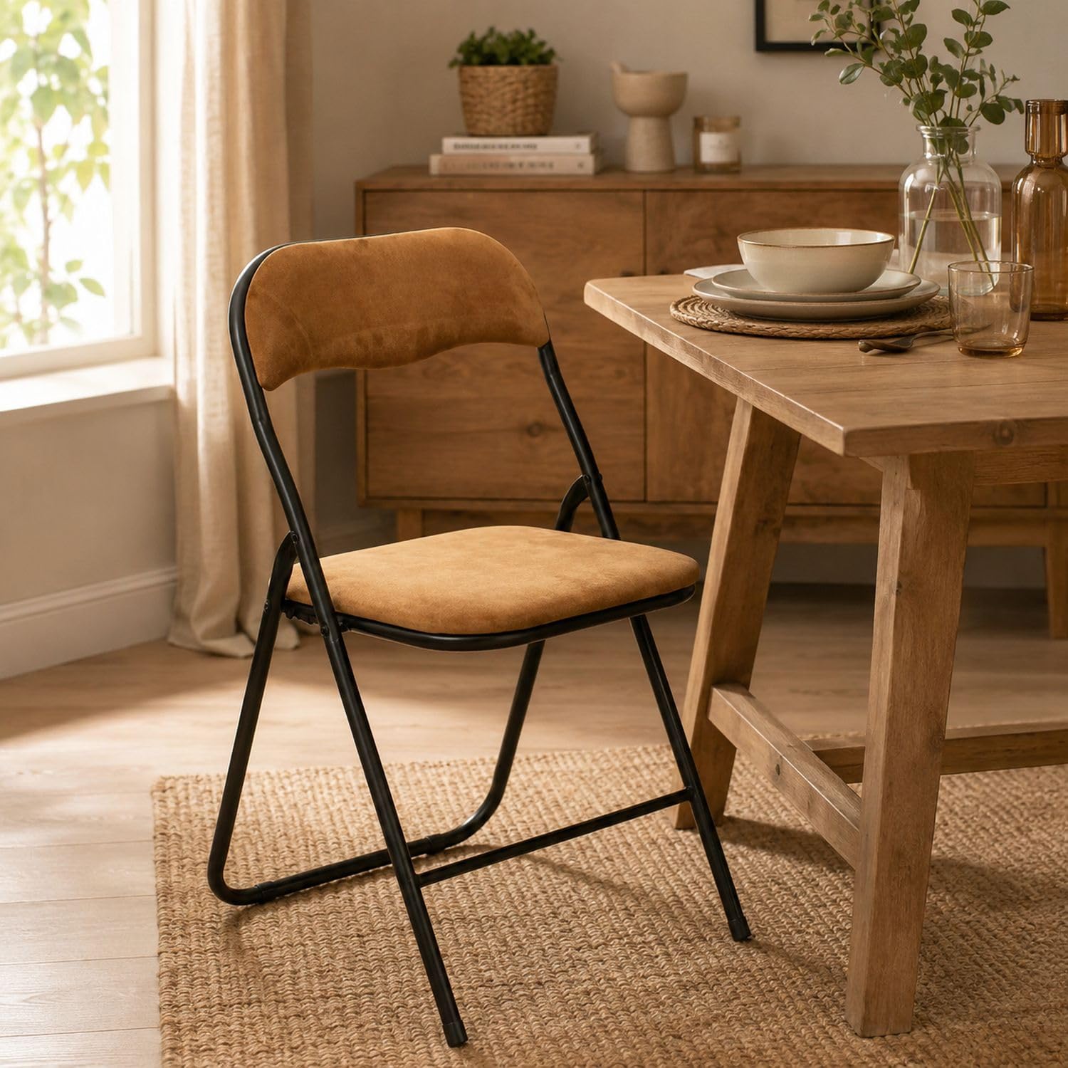 Lot de 6 Chaises Pliantes en Velours Ocre Doré - Chaises d'Appoint Confortables avec Assise Rembourrée - Design Moderne & Vintage - Gain de Place Idéal Petit Espace, Réception et Salle à Manger