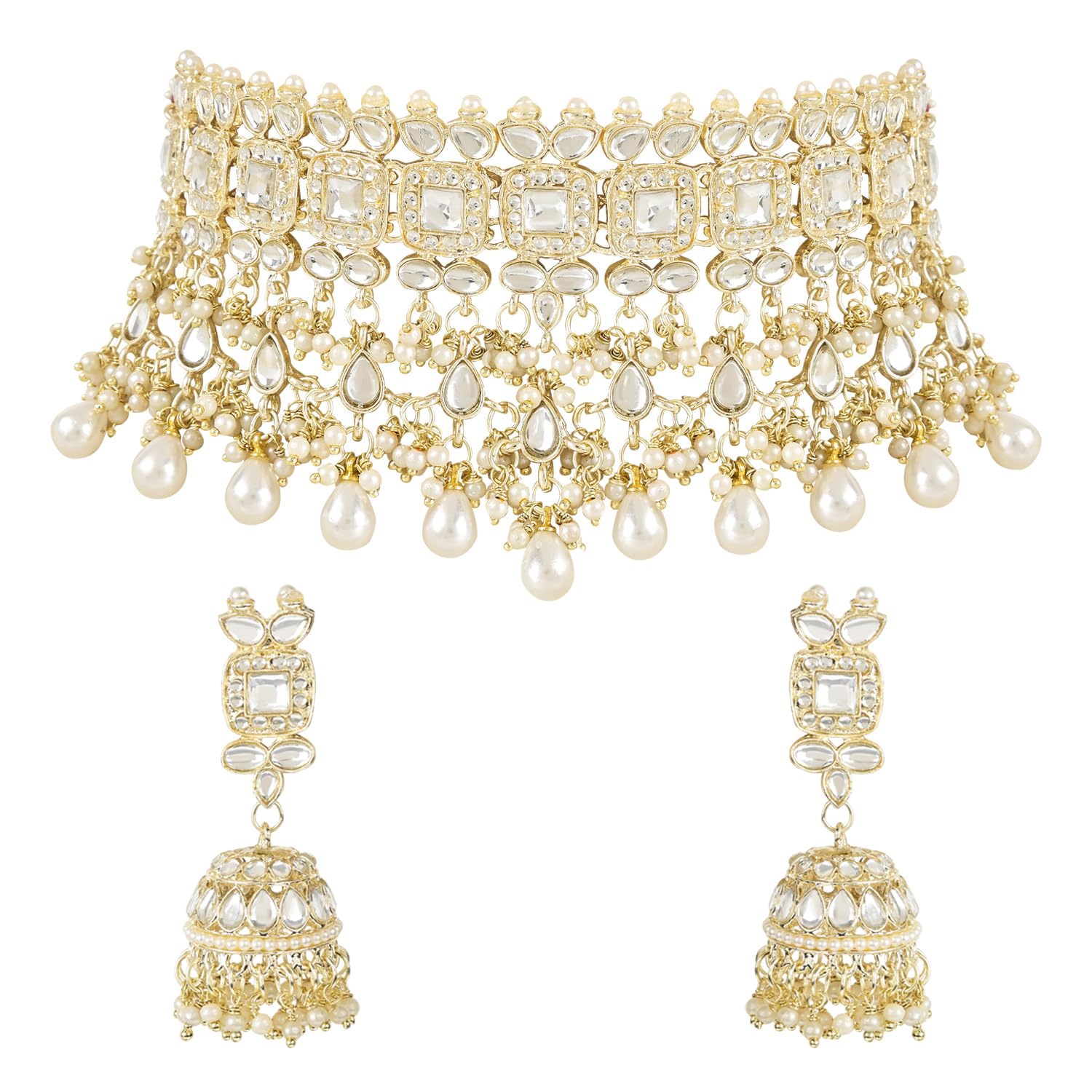 I Jewels Gold Plated Traditional Kundan & Pearl Bridal Choker Necklace Jewellery With Jhumka Earrings Set For Women
