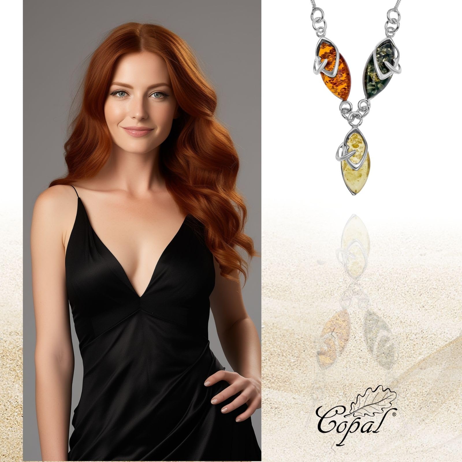 Copal Collana Con Catena In Argento E Pendente A Goccia Di Ambra Baltica Multicolore