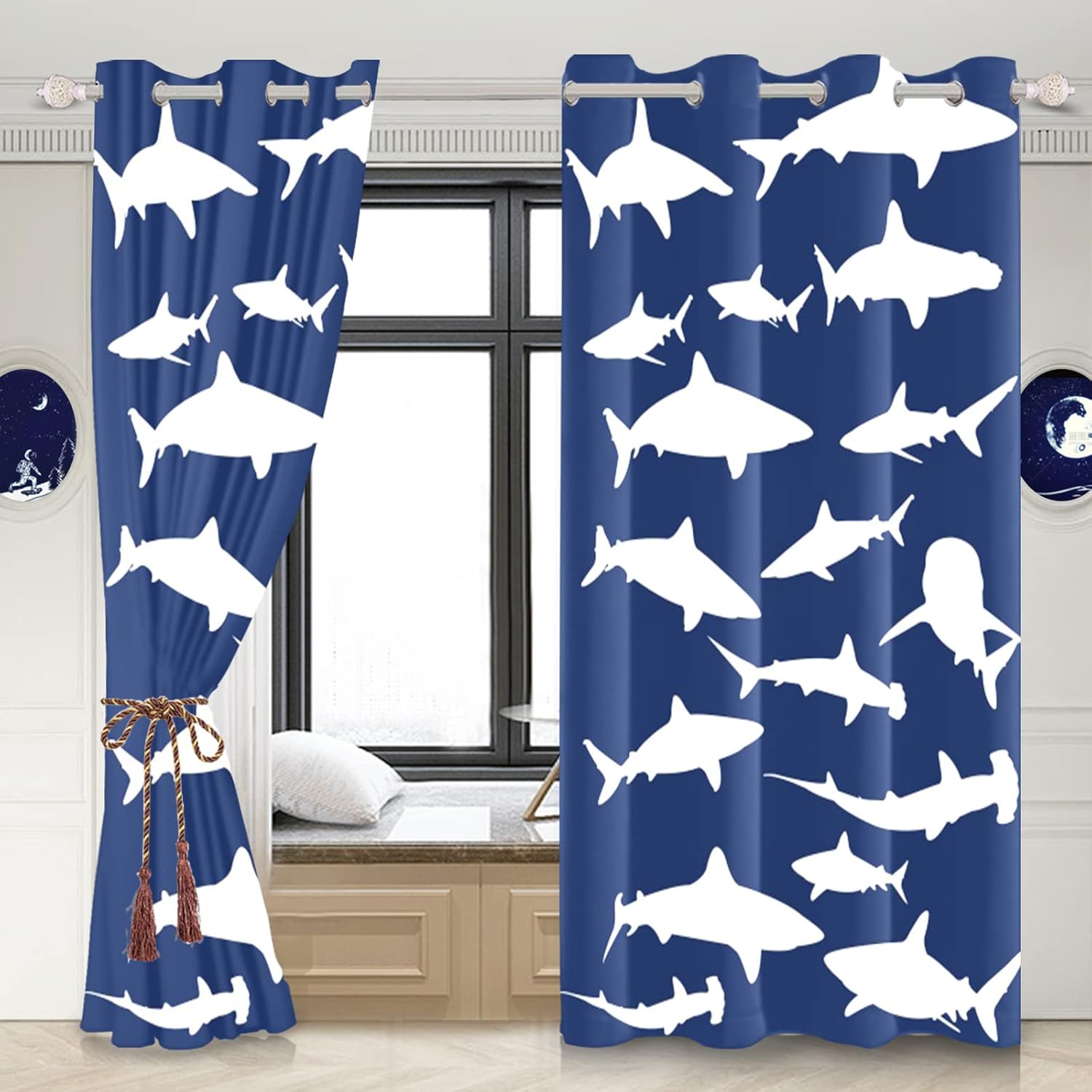 Cute Whales Window Curtains White Sharks Pattern Printed Navy Blue Blackout Window Drapes for Living Room Kids Bedroom Decor Window Treatments Fabric Set of 2 Panel, 21x45 Inch