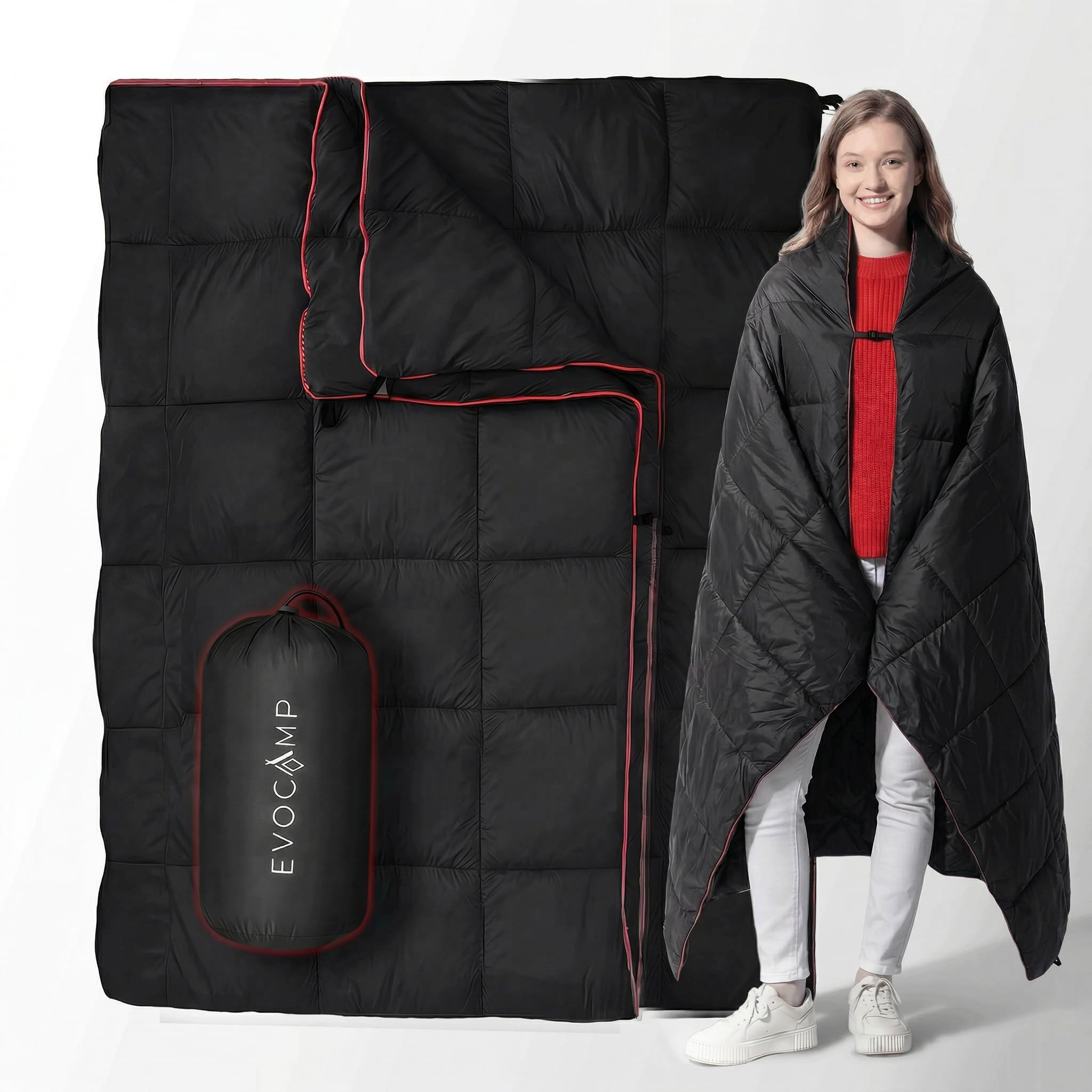 EVOCAMP Couverture de Camping 200x140 cm, imperméable, ultralégère, 0,68 kg, avec Sac de Rangement, Pliable, idéale pour Le Camping et Les activités Outdoor, Noire