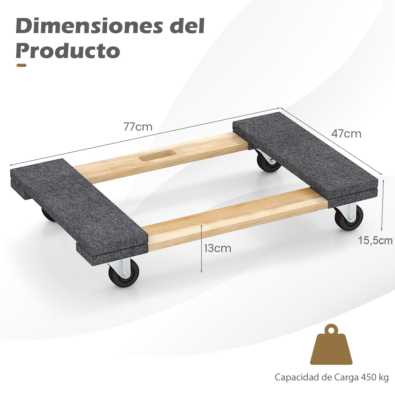 GYMAX Plataforma con Ruedas, 77 x 47 cm, Tabla de Ruedas de Madera de Acacia con 4 Ruedas Universales y Asa, Carga de hasta 450 kg, Tablero de Carro para Aparatos y Muebles con Cargas Pesadas