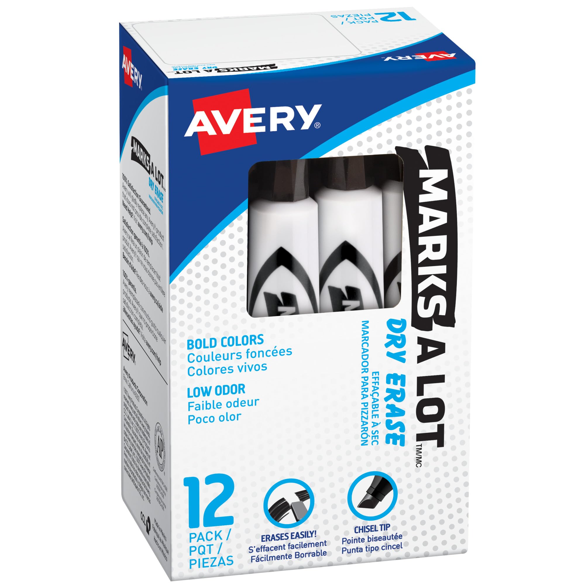 Avery Marks A Lot Dry Erase Markers, Low Odor White Board Markers with Chisel Tip, 12 Black (24408)