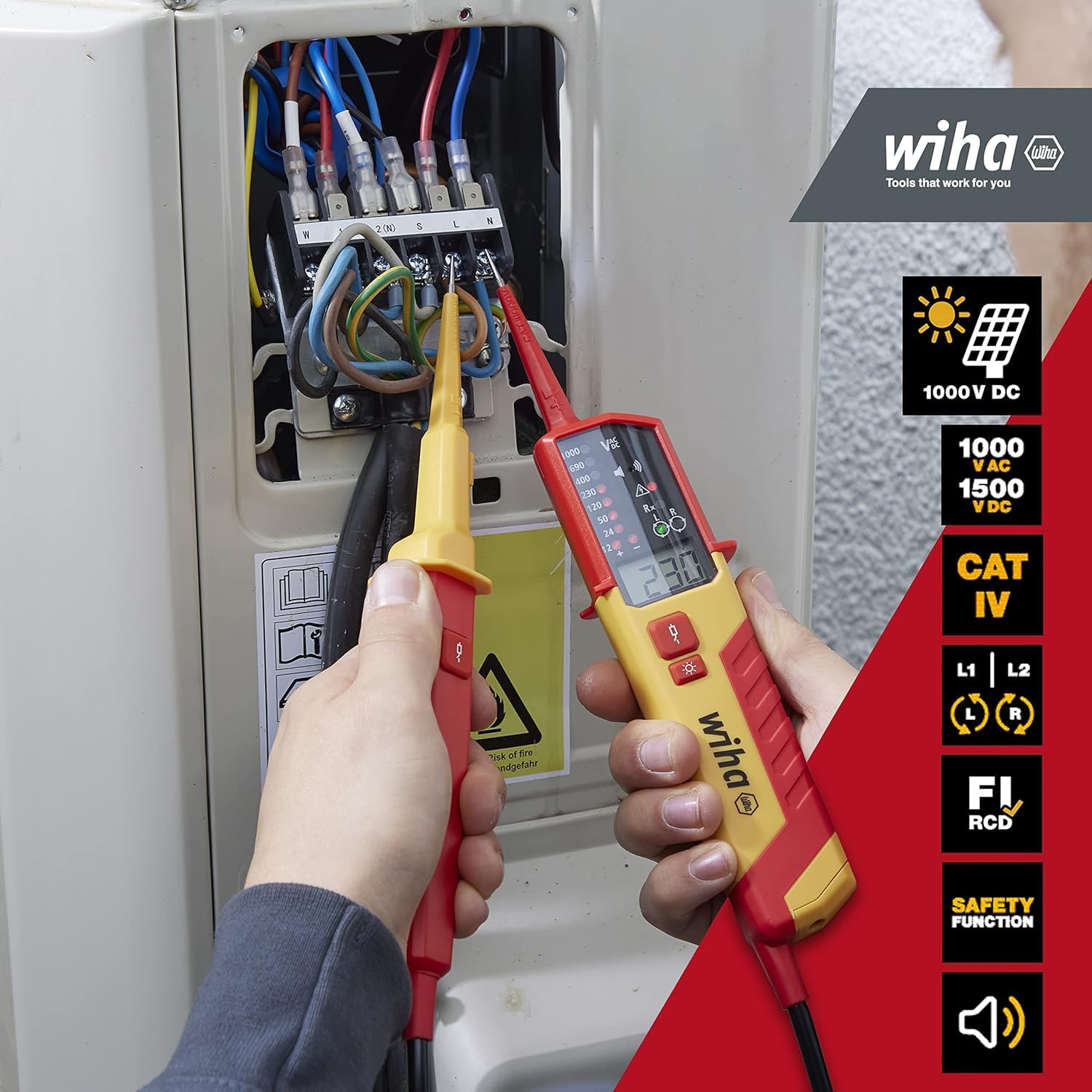 Wiha Spannungs- und Durchgangsprüfer 0,5 - 1.000 V AC, CAT IV inkl. 2x AAA-Batterien I Photovoltaik-tauglich I LED-Anzeige (45217)