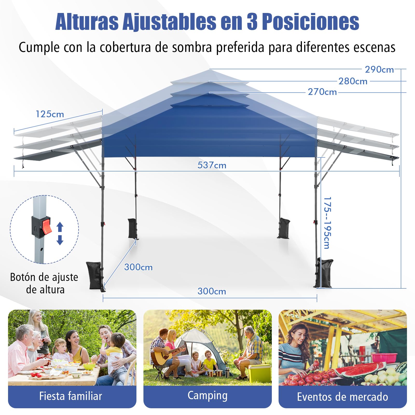 GOPLUS Carpa Plegable 3x3 Impermeable, Cenador con 2 Toldos Laterales Extensibles y Altura Ajustable, Carpa para Exteriores con Ruedas y Bolsa Portátil, UV50+, para Camping, Mercado (Azul)