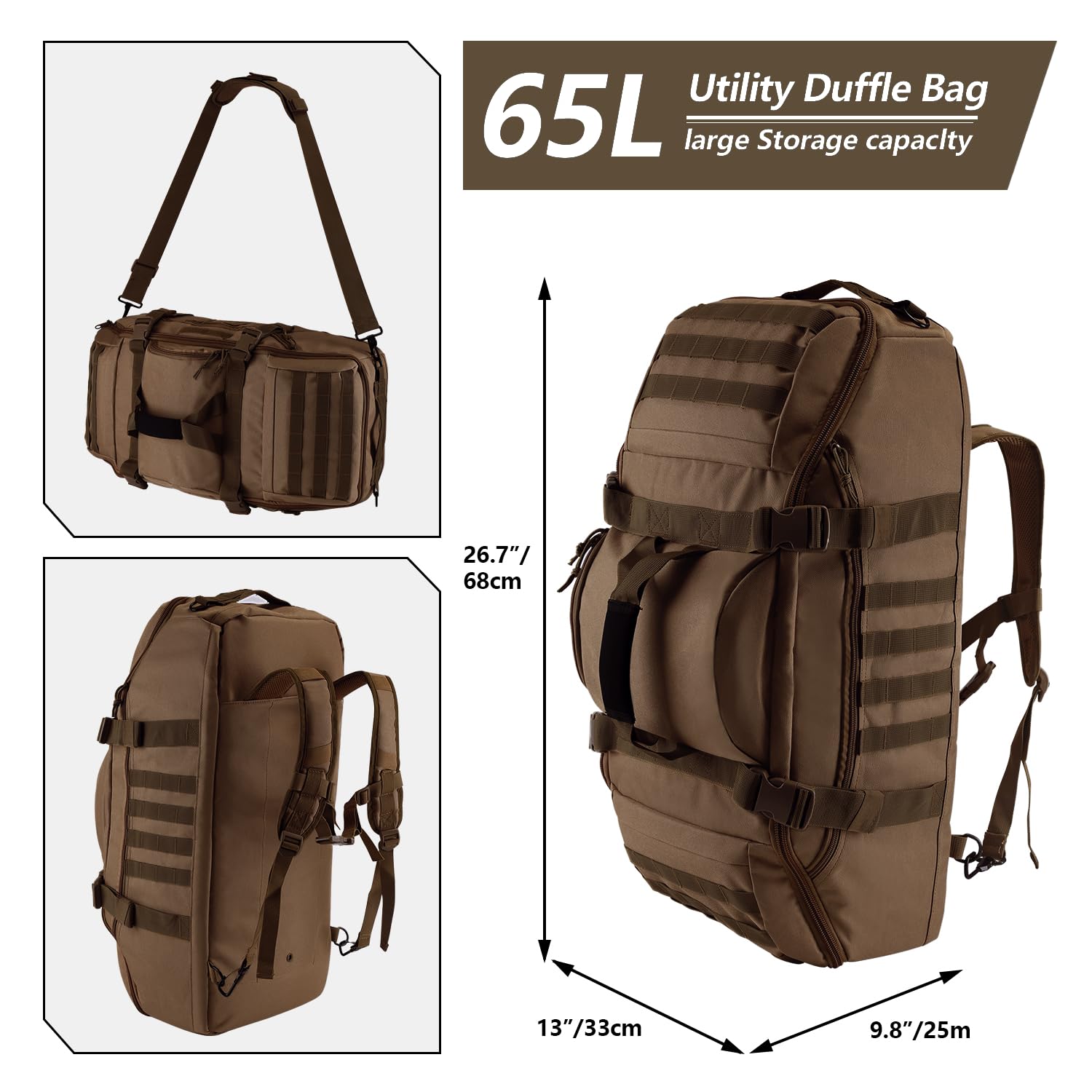 Hannibal Tactical MOLLE - Mochila táctica Grande 3 en 1 para Deportes, Gimnasio, Exteriores, Color Negro