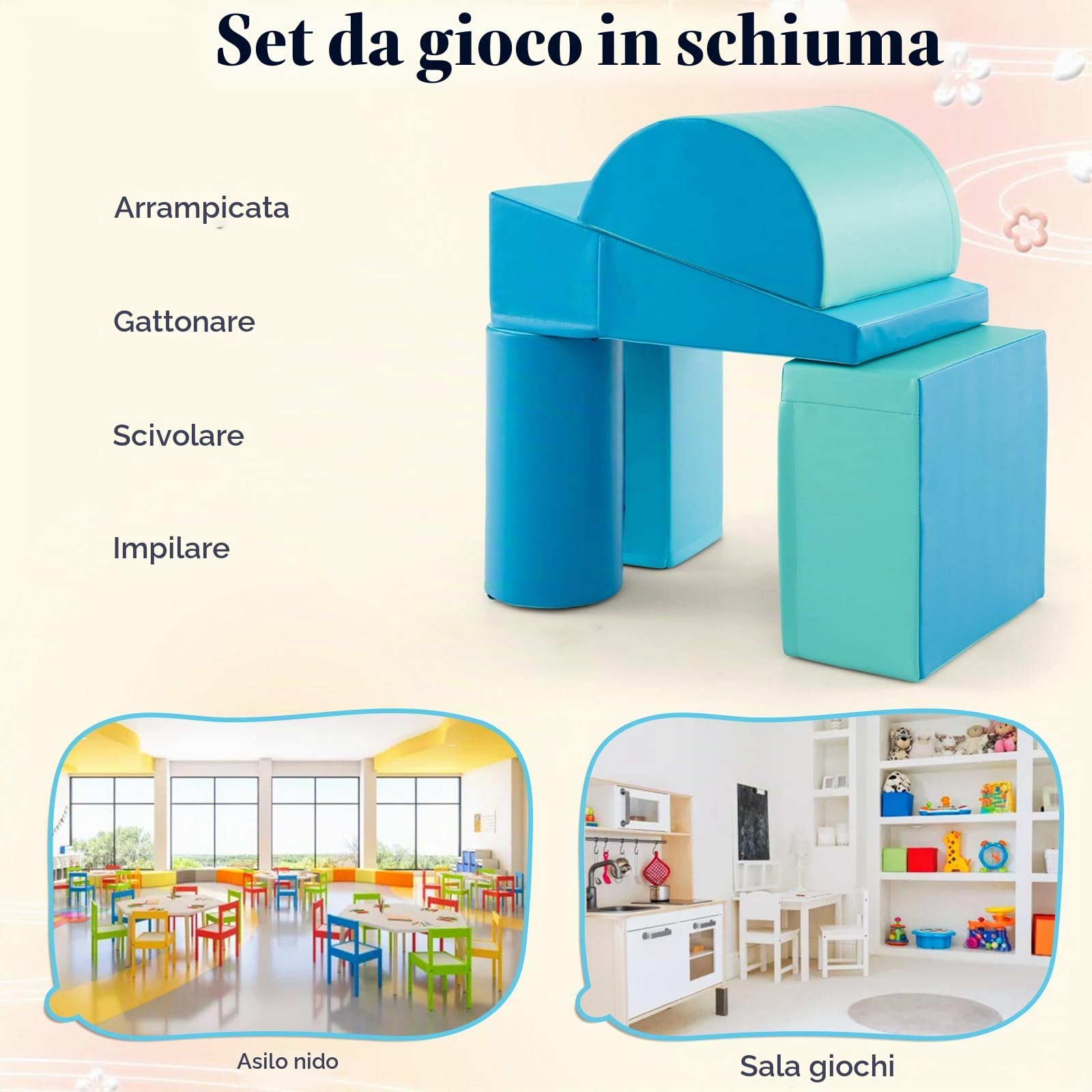 LIFEZEAL Set di 5 Blocchi Morbidi in Schiuma per Bambini 9-36 Mesi, Costruzioni, Libera Combinazione, Mattoni Cubi Componibile, Giocattolo Attività, con Scivolo, Arrampicata, Multicolore