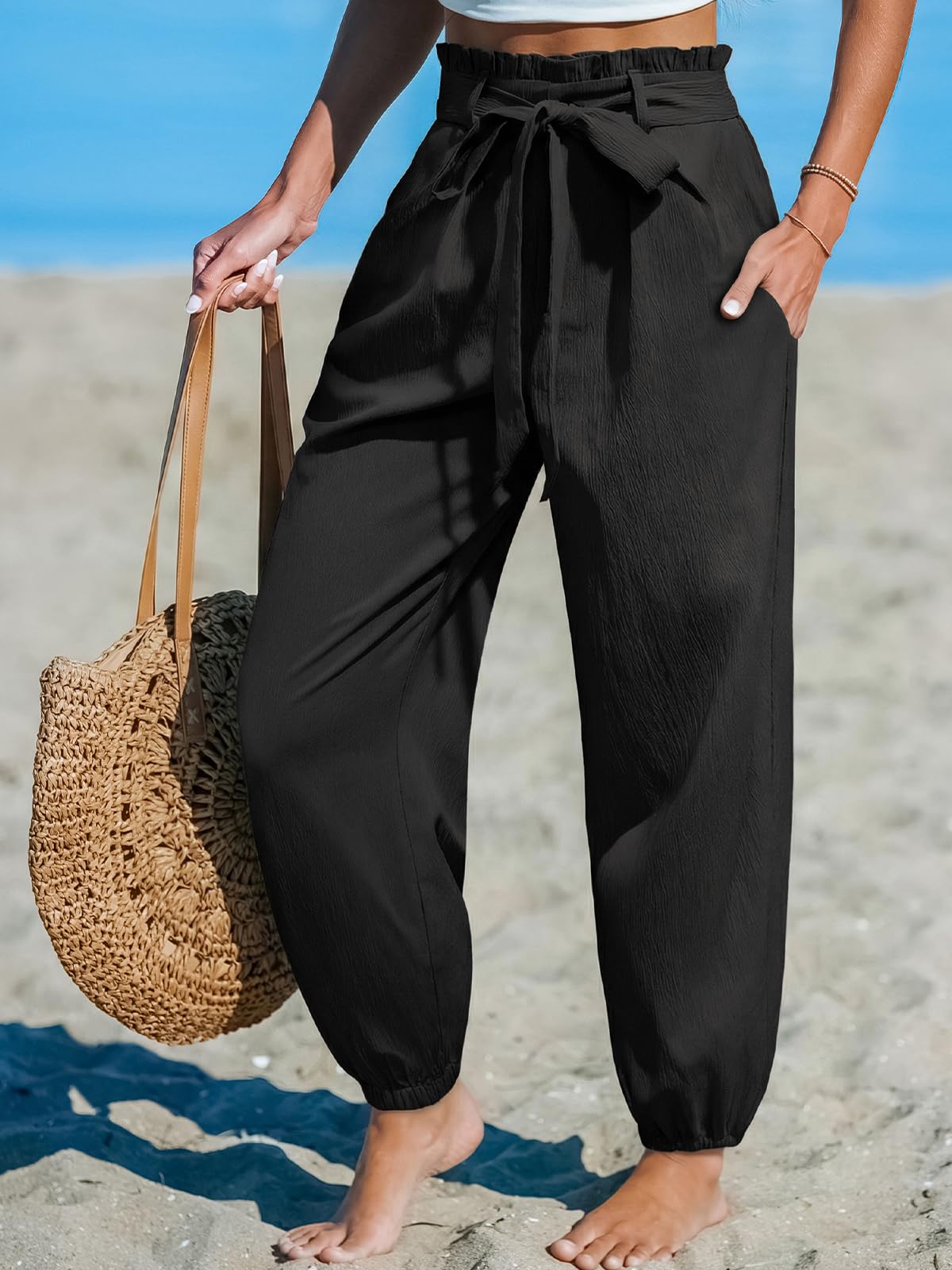 CUPSHE Paperbag Hose Damen lang mit hohem Bund und Bindegürtel