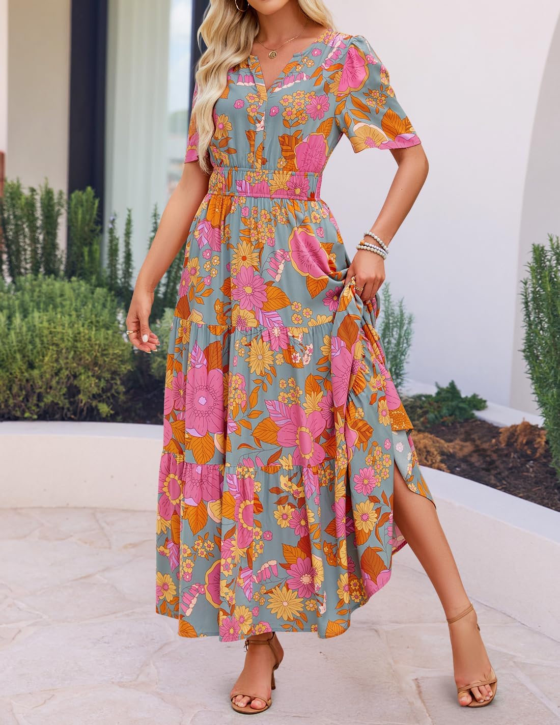 ZESICA Women's 2026 Summer Spring Floral Boho Maxi Dresses Casual Short Sleeve V Neck A Line Flowy Beach Vacation Dress - Image 3