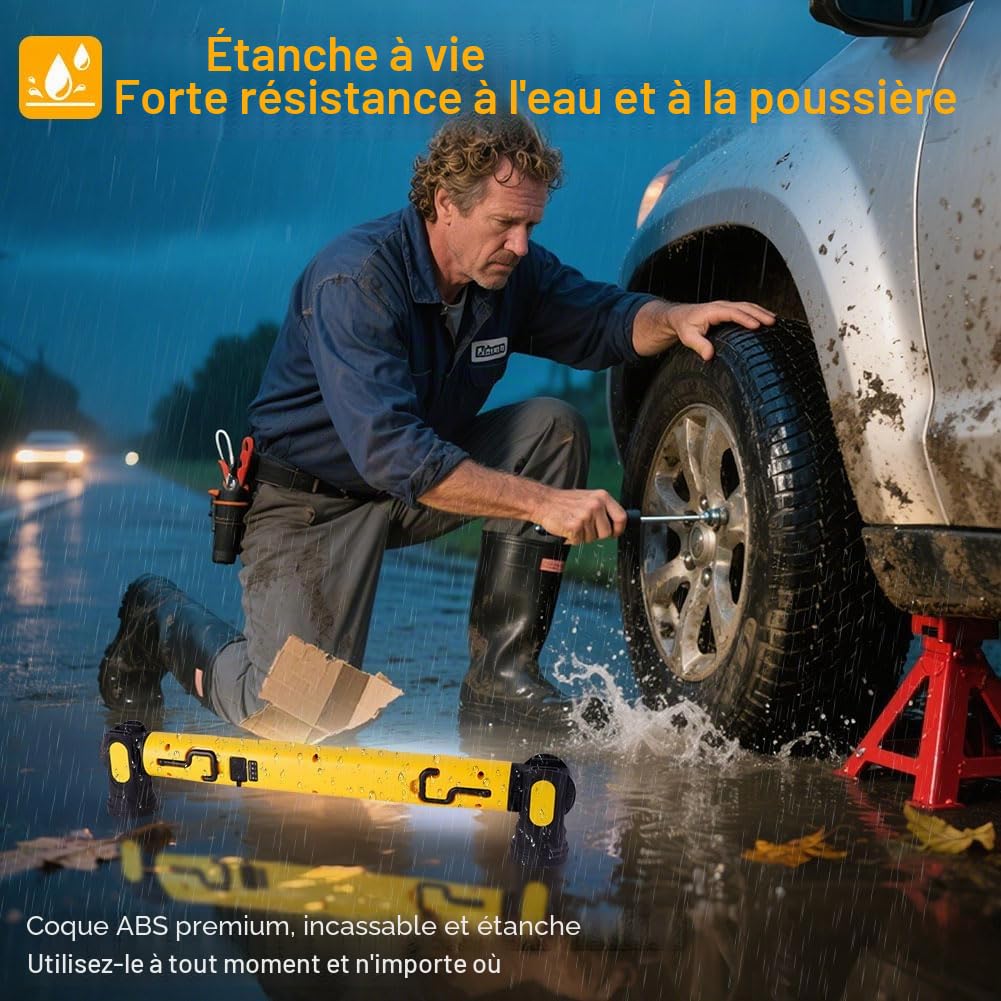 AXFEE Lampe de Travail, Baladeuse LED Rechargeable 5000mah, Lampe LED Rechargeable Aimantée, 3 Modes Baladeuse led Mecanicien avec Crochets, lampe Aimantée, pour Reparation Auto, Atelier, Camping