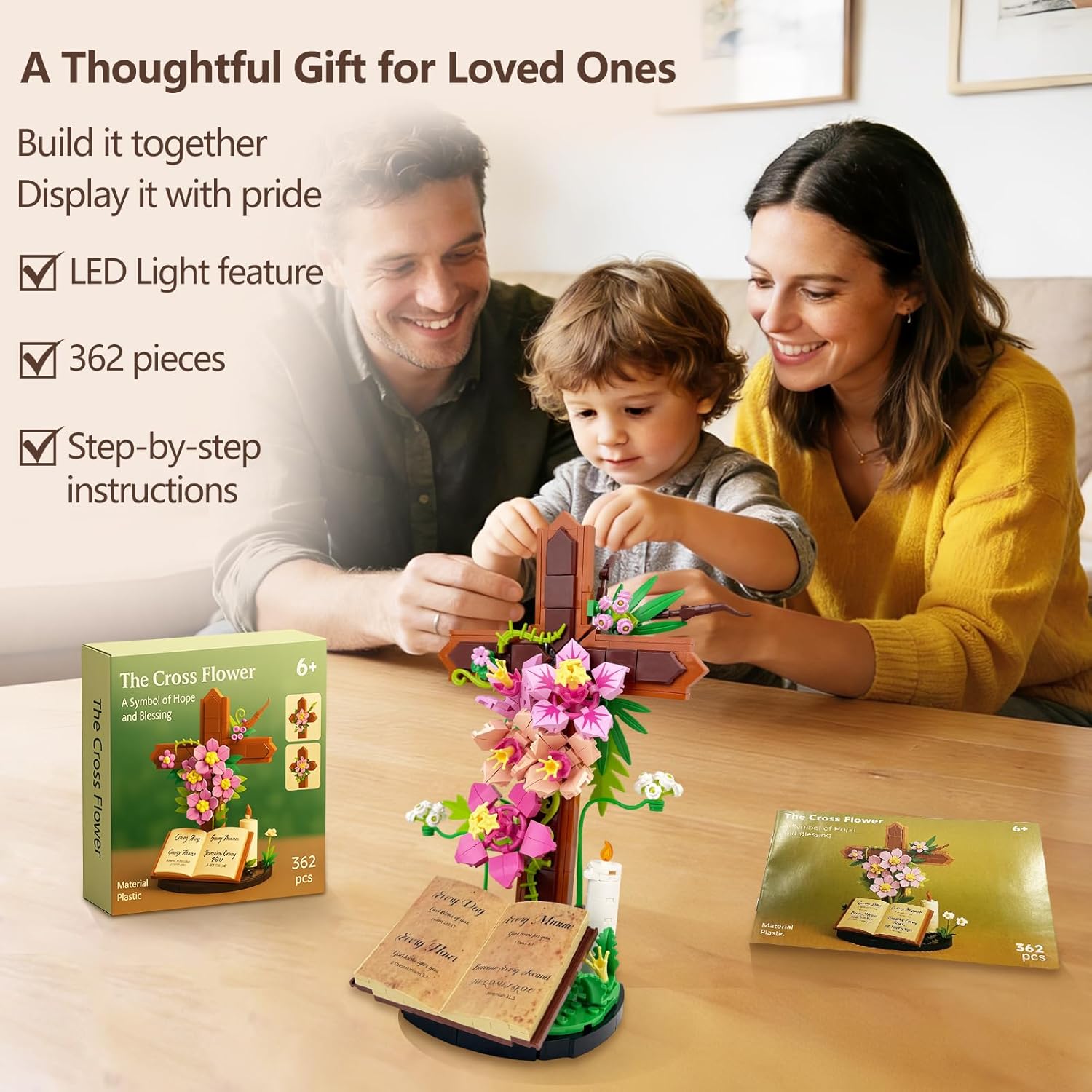 Jesus Cross Set,Flower Building Block Set for Adults, Faith Inspired Crucifix Brick Model with Floral Design, Religious Home Desk Decor, Christian Gift for Easter, Prayer Room