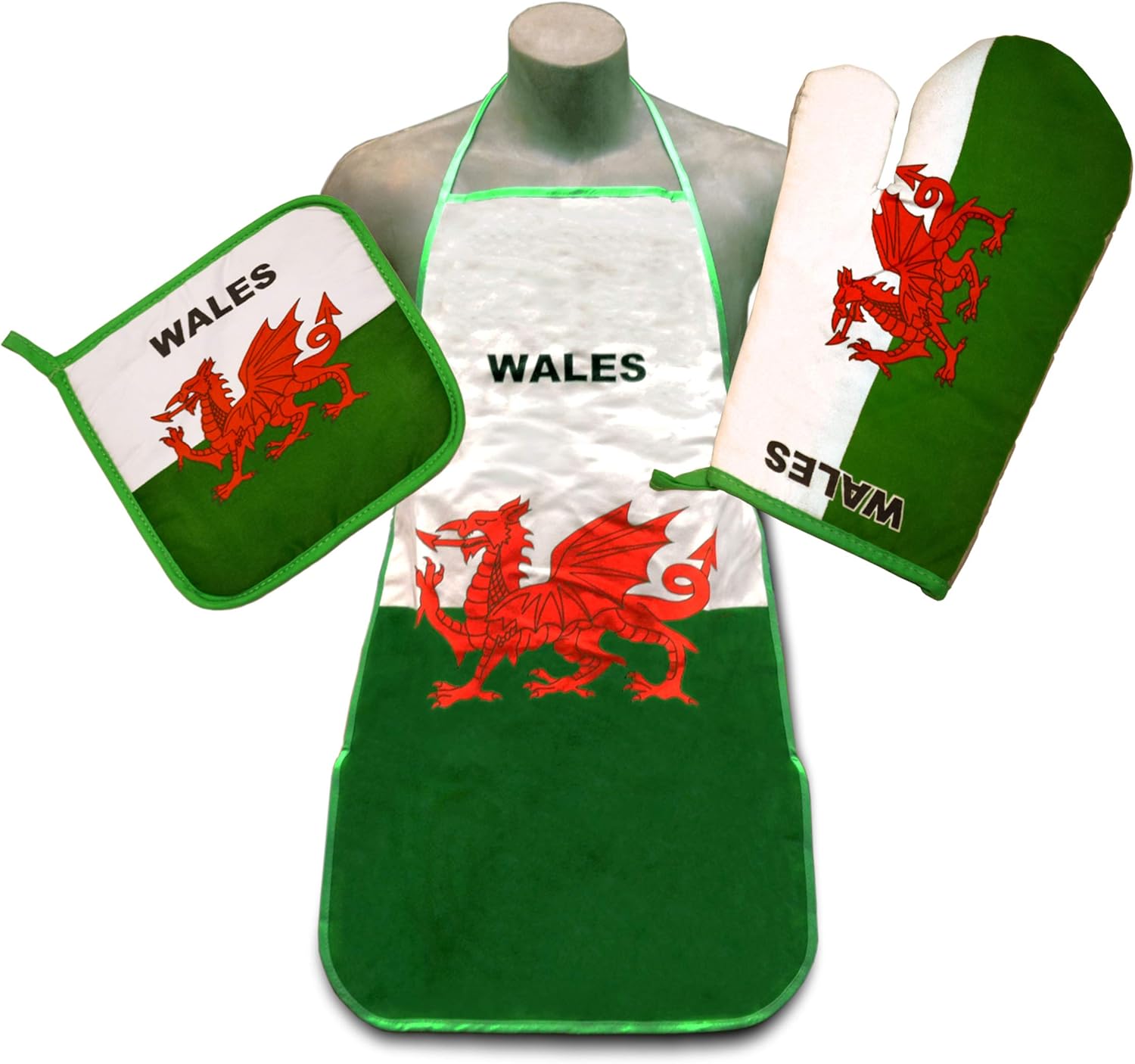 Wales Kitchen & BBQ Set w/Apron, Oven-mitt and Potholder Welsh Flag