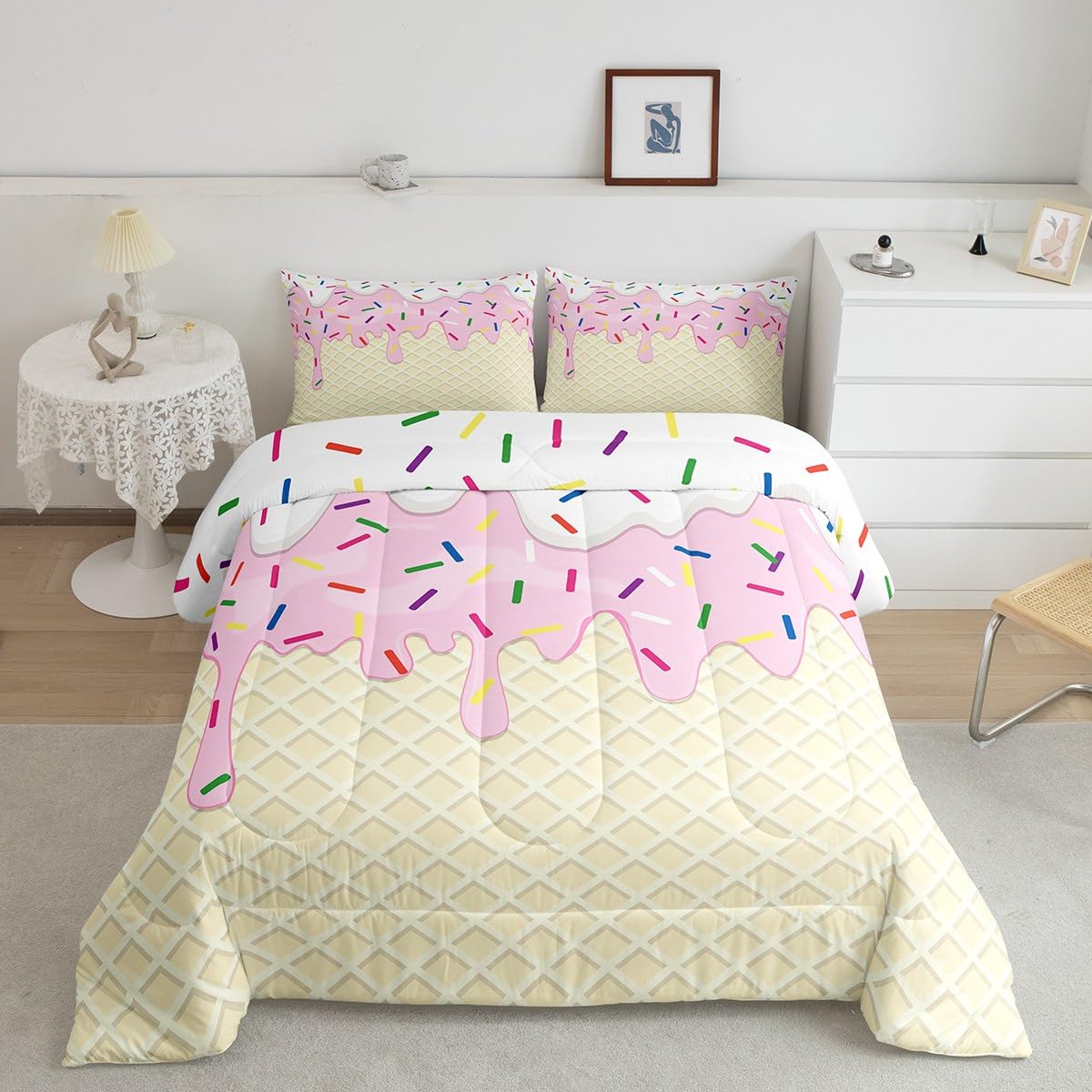Homewish Girls Ice Cream Twin Size Comforter Set,Kids Pink White Cream Cake Decor All Season Bedding Set,Teens Colorful Candy Comforter,Children Desserts Decor Quilt Set Bedroom Collection 2Pcs