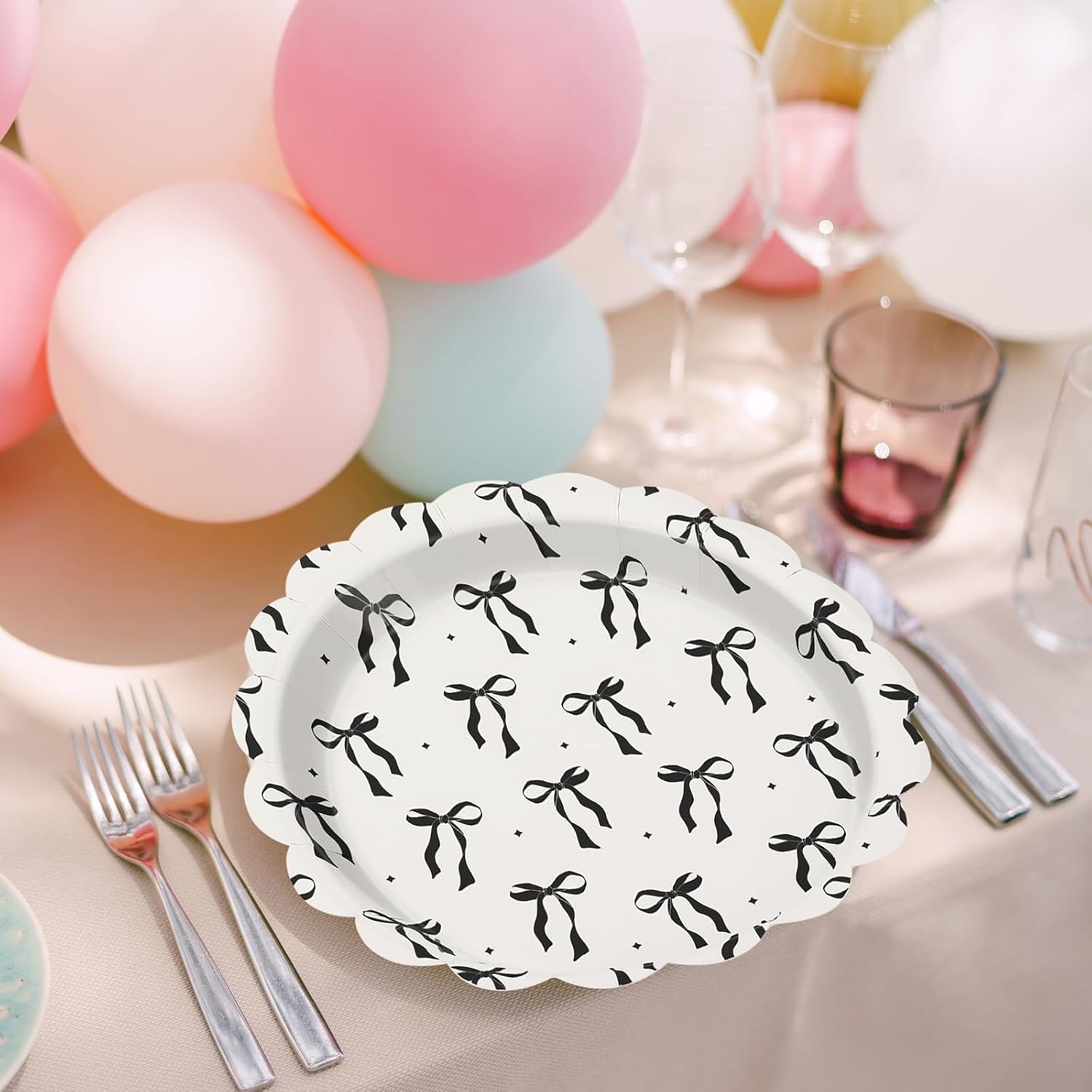 JarThenaAMCS 50Pcs Black Bow Paper Plate Scalloped Bowknot Disposable Plate 9 Inch Decorative Dinner Plate for Birthday Bachelorette Party Table Decor - Image 6